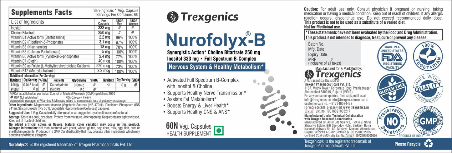 Trexgenics NUROFOLYX-B Choline 250mg, B12 Methylcobalamin Advanced Nerv- image 5