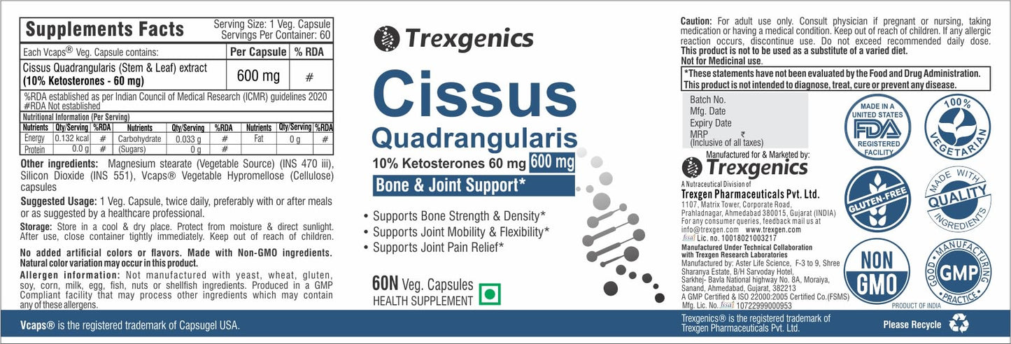 Trexgenics Cissus Quadrangularis Hadjod 10% Ketosterones 600 mg Vegan &- image 7