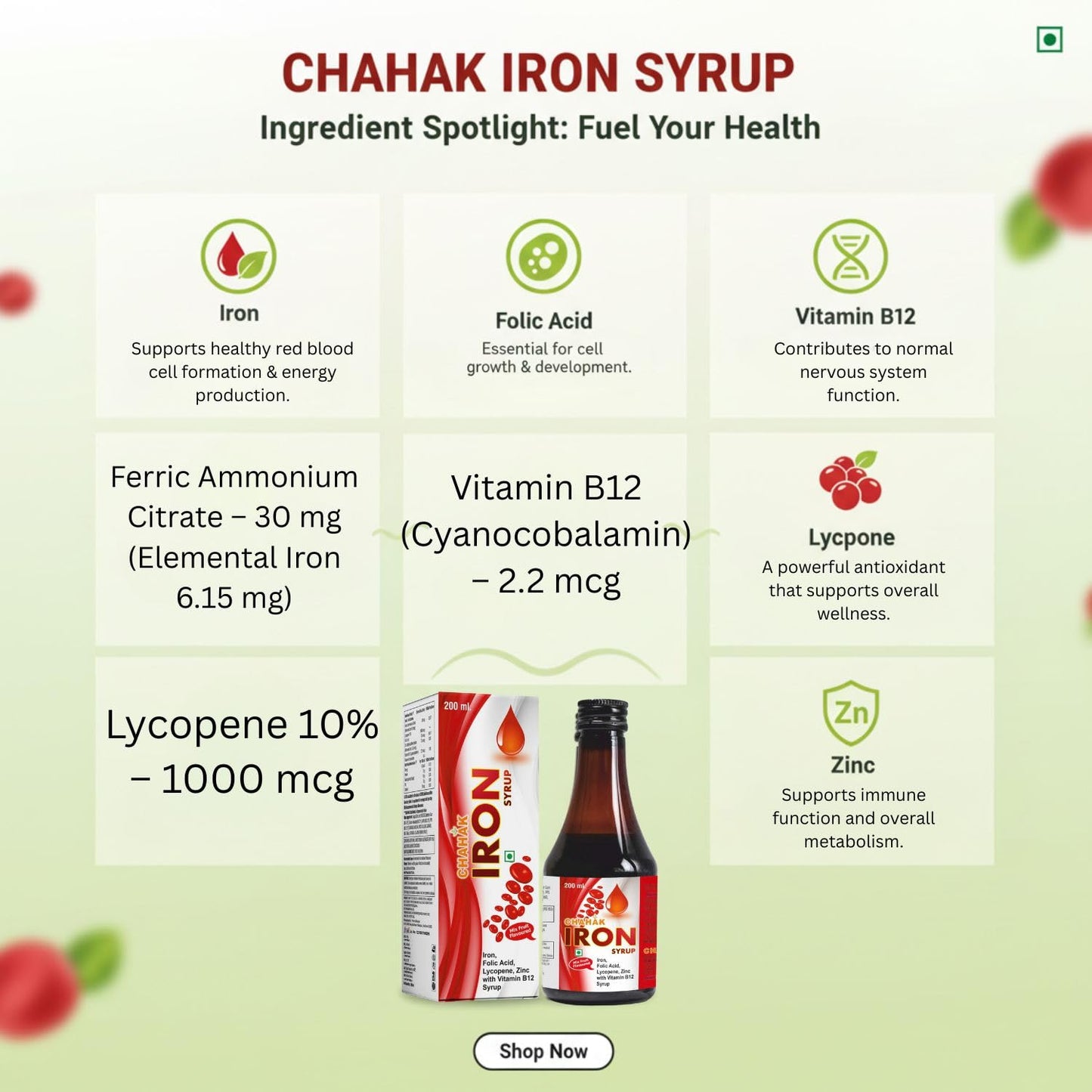 CHAHAK Iron Syrup with Folic Acid & Vitamin B12 β Hemoglobin Booster Syrup for Anemia, Fatigue & Weakness β Iron, Lycopene & Zinc Health Tonic β Mixed Fruit Flavour β 200 ml (Pack of 2)