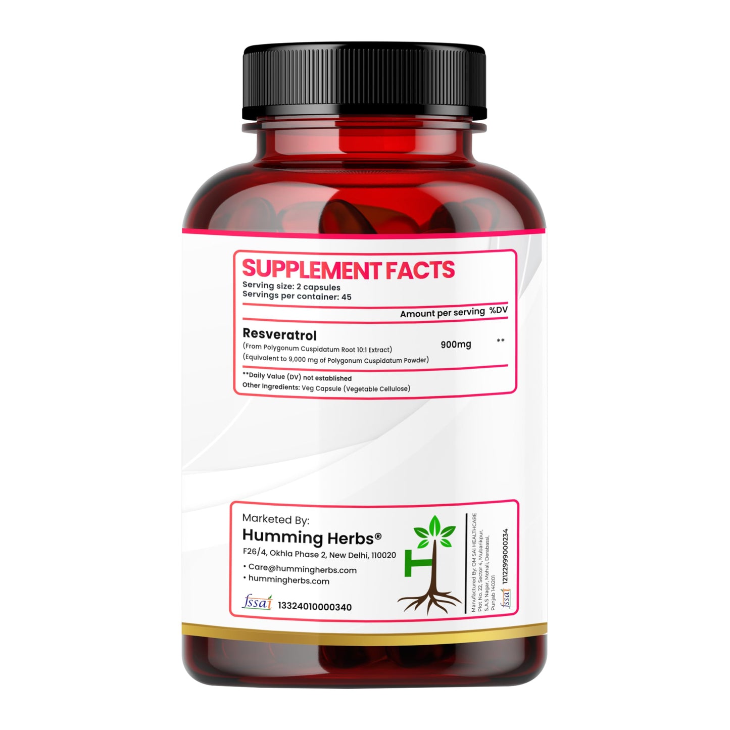 Humming Herbs Resveratrol 9000 mg Capsules | Supports Heart Health, Anti-Inflammatory & Antioxidant Benefits | 45 Days Supply | Vegan, Natural, High Potency | Nutraceutical Supplement - 90 Capsules