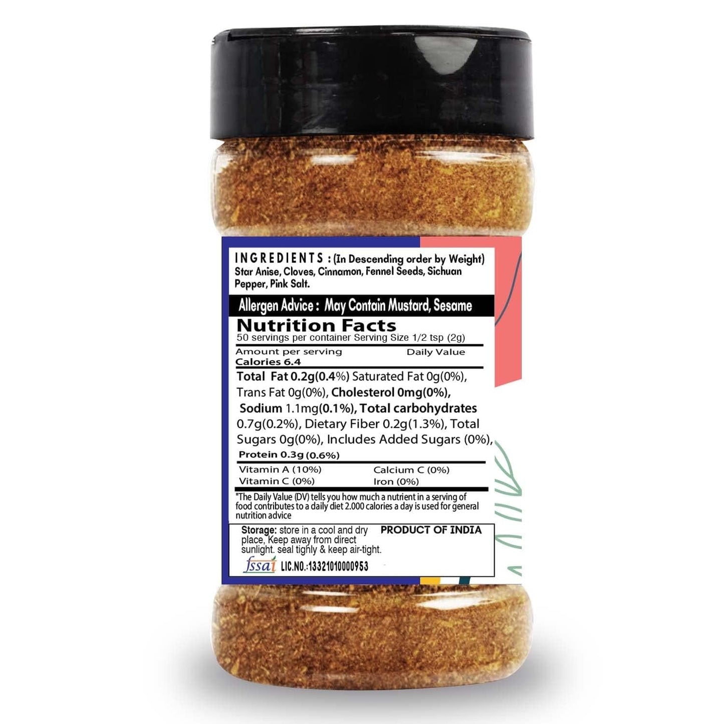 SARANZ Chinese 5 Spice Mix Exotic Seasoning | Flavorful Spice Mix | Herbs for Chinese Dishes Like Pizzas, Burger, Chowmein, Tacos, Burritos & Pastas | Perfect for Snacks (100 Grams Sprinkler Jar)
