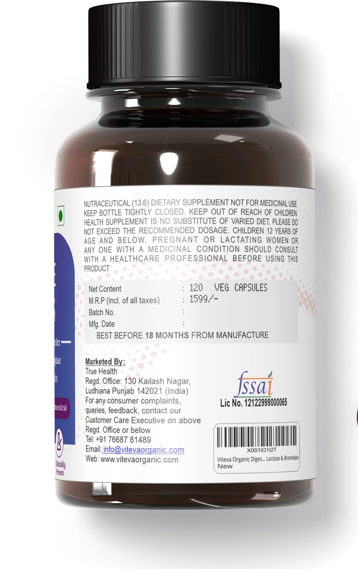Viteva Organic Digestive Enzymes 500mg – 120 Veg Capsules with Bromelain, Alpha Galactosidase, Lipase, Amylase, Protease -Digestive enzyme
