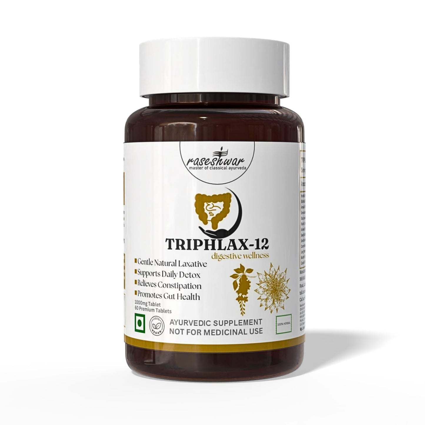 Raseshwar Triphlax 12 Digestive Support Tablets | Gut Health, Detox Cleanse & Constipation Relief | Promotes Healthy Digestion & Regularity | Ayurvedic Herbal Supplement | Pack of 1