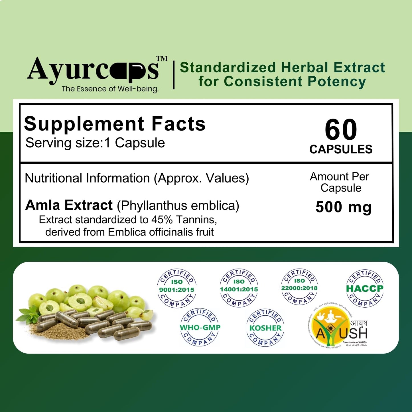 Ayurcaps Amla Capsules 500mg (60 Veg Capsules) | Ayurvedic Amla Supplement | Natural Source Of Vitamin C | Immune And Antioxidant Support | Hair And Skin Support (Pack of 1)