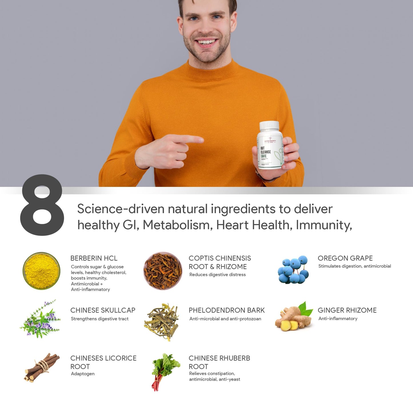 Autoimmunity Care Gut Cleanse | Berberine HCL & Herbal Blend for Gut Health, Sugar Control, Immunity, Liver Detox & Metabolism Support | 60 Capsules