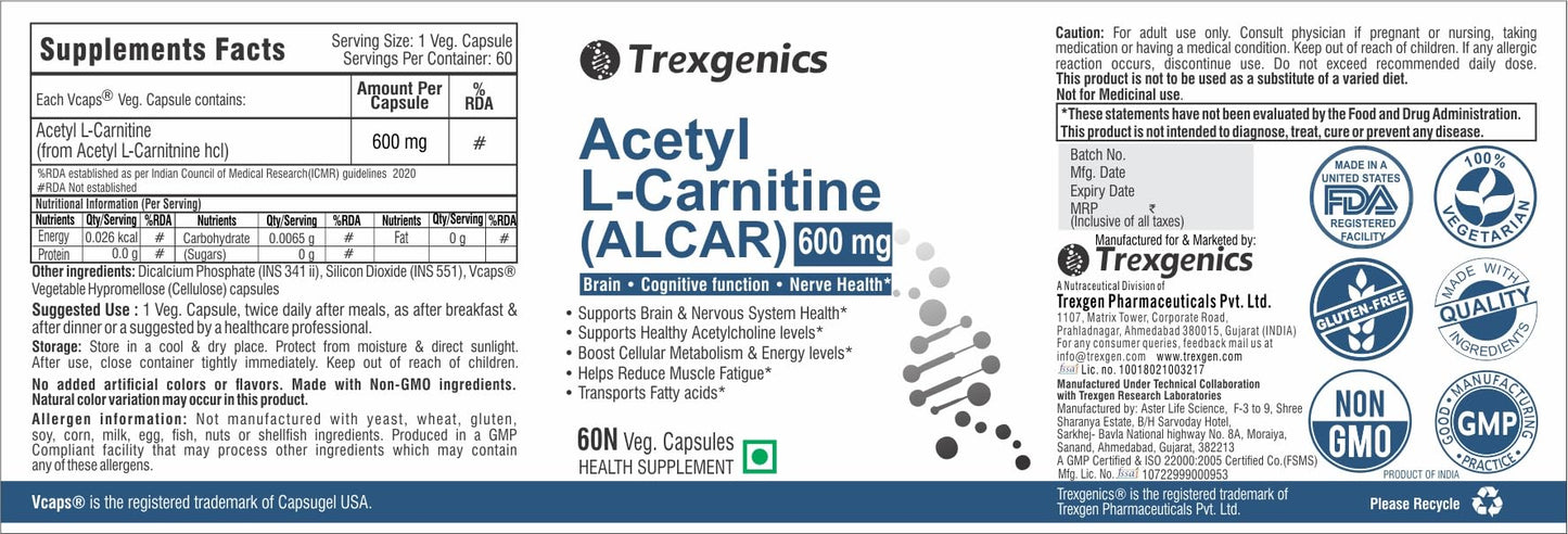 Trexgenics ACETYL-L CARNITINE (ALCAR) 600 mg Nervous System, Cognitive- image 7