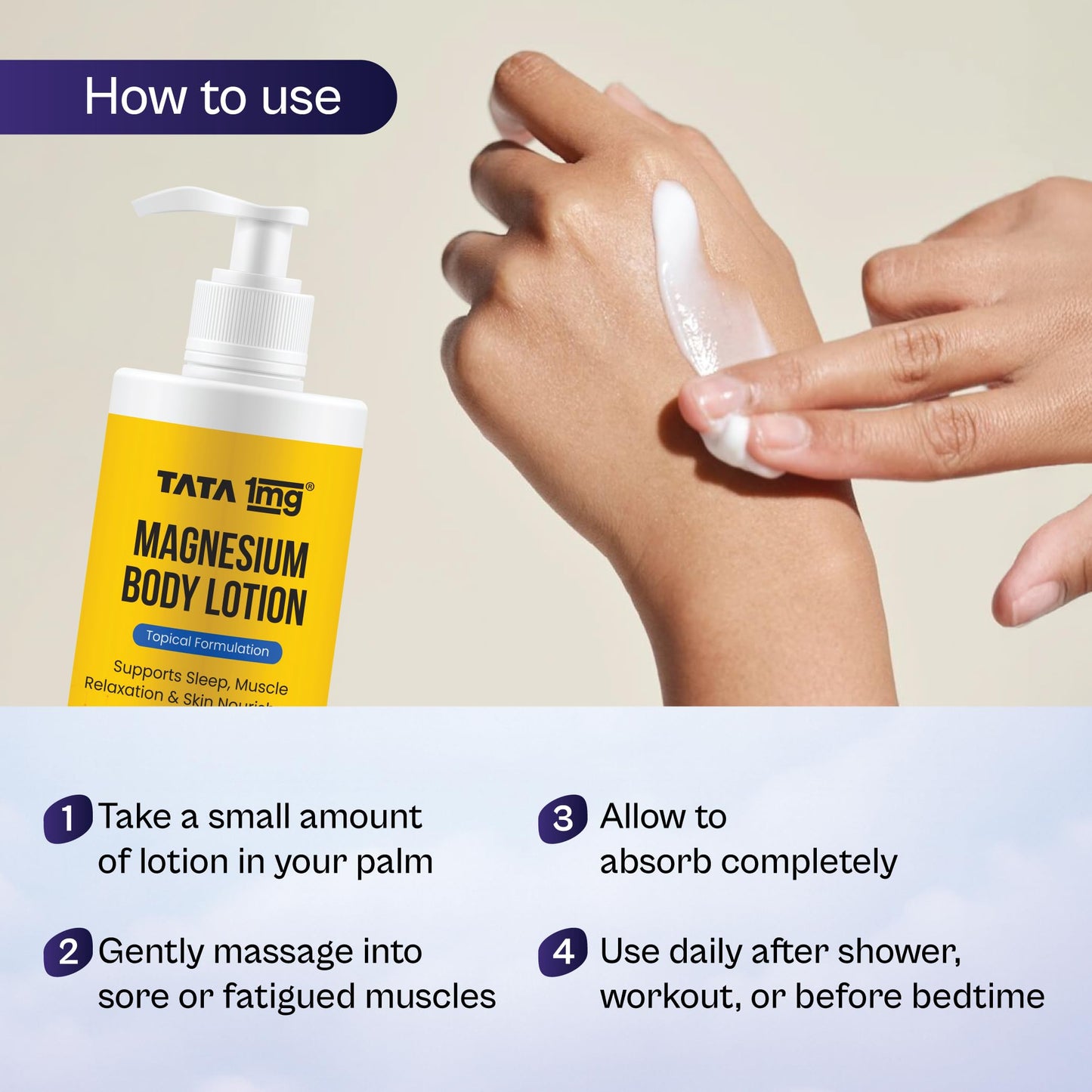 Tata 1mg Magnesium Body Lotion | Topical Body Lotion for Sleep, Muscle Relaxation & Recovery | Enriched with Chamomile, Shea Butter & Vitamin E | Dermatologically Tested | 250ml
