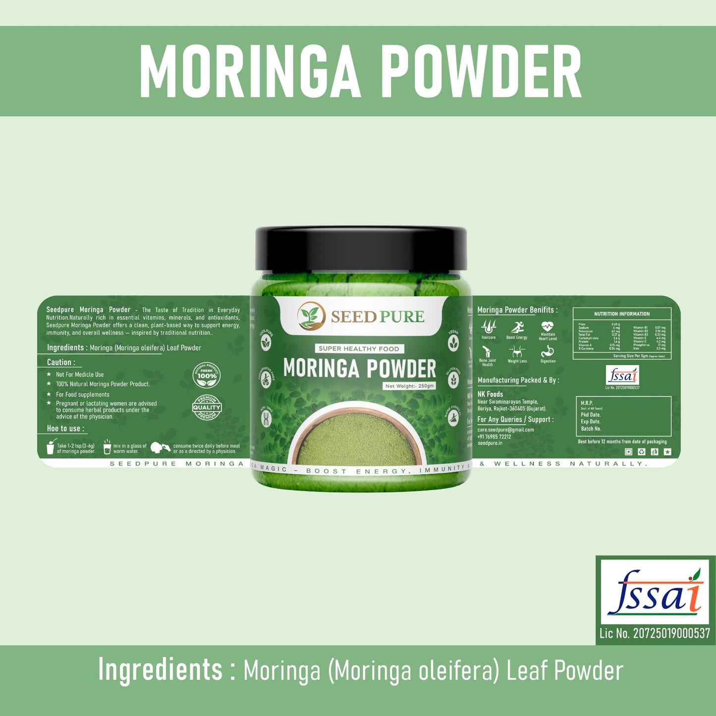 Seedpure Moringa Leaf Powder, 250g – Natural Superfood for Daily Nutrition – Herbal Supplement for Skin, Hair & General Wellness