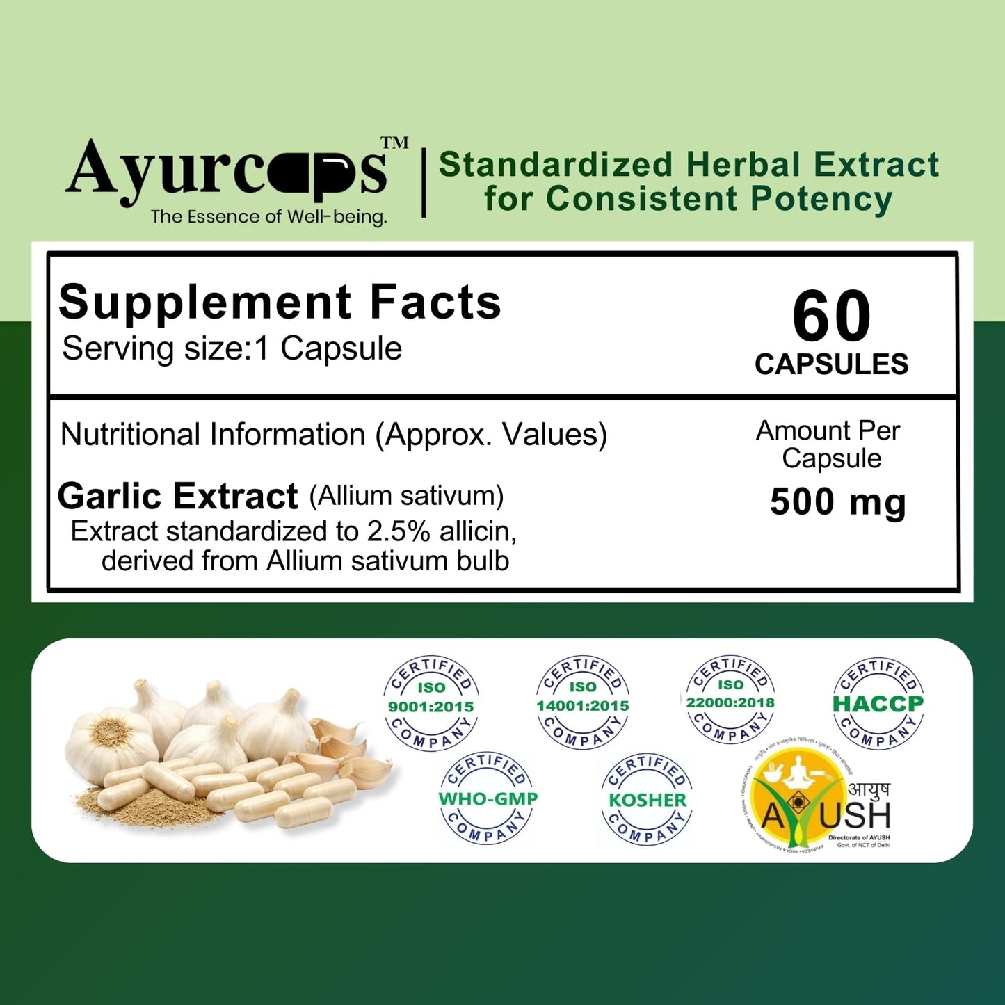 Ayurcaps Garlic 500mg 60 Veg Capsules | Odor Control Herbal Supplement | Supports Heart Health And Healthy Cholesterol Levels | Immune And Antioxidant Support | Vegan, Gluten-free (Pack of 1)