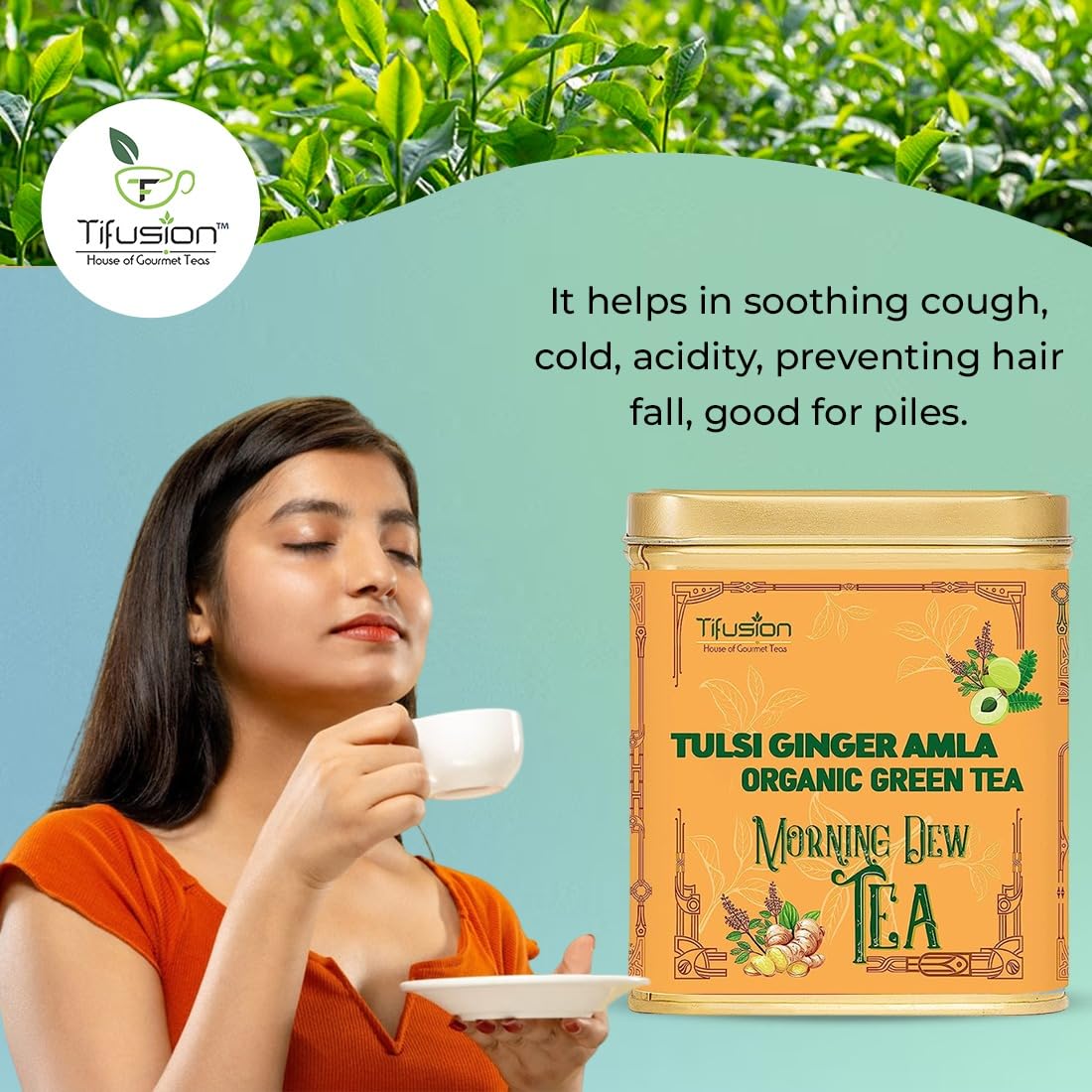 Tifusion Tulsi Ginger Amla Organic Green Tea For Cough Cold Sore Throat Digestion Darjeeling Herbal Organic Whole Leaf Chai Immunity Booster Tea (30 Tea Bag, 30 Serving Cups)