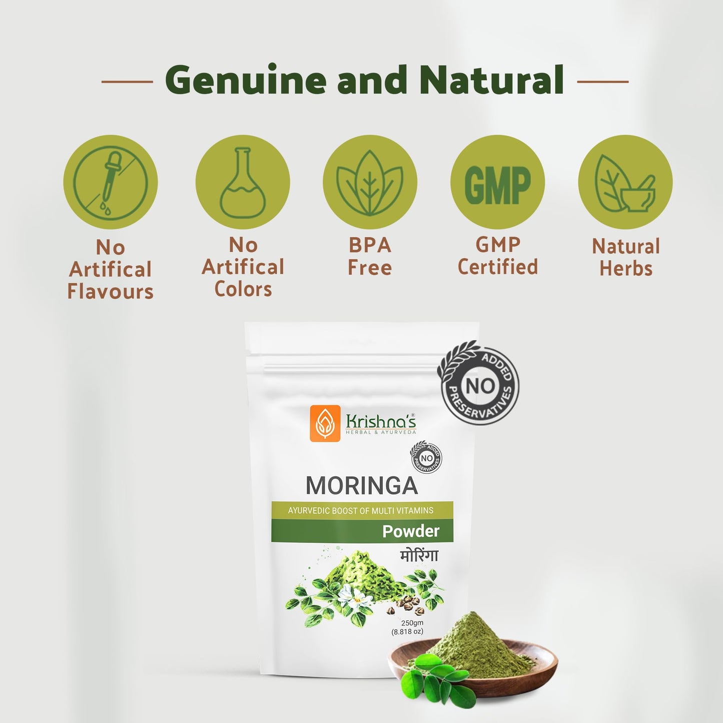 Krishna's Moringa Powder, Rich in essential vitamins, minerals, and amino acids, No Artificial Colors or Flavors - 250 g (Pack of 1)