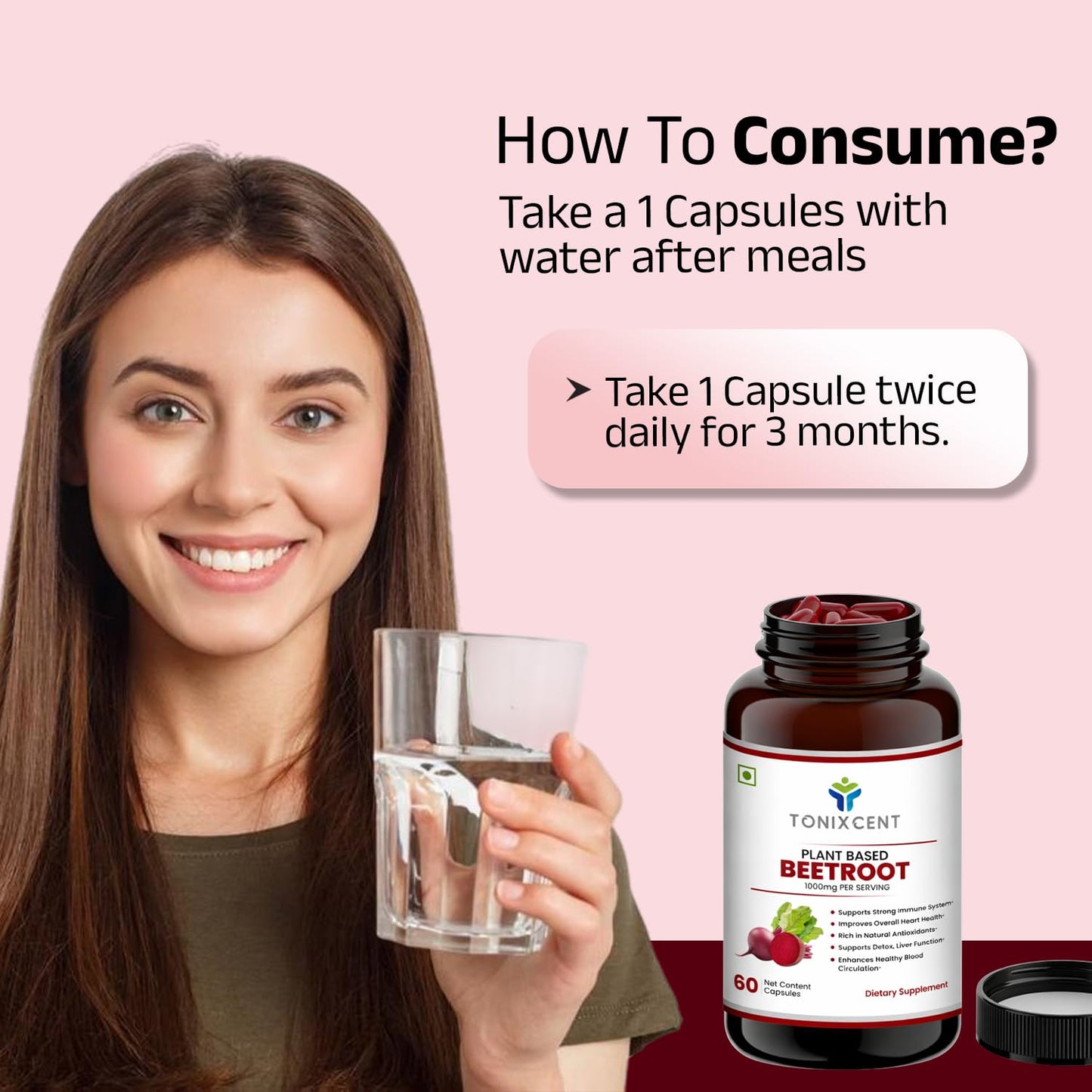 TONIXCENT Plant-Based Beetroot Capsules | 1000mg per Serving | Boosts Stamina & Heart Health | Rich in Antioxidants & Nitrates | Vegan, Non-GMO, Preservative-Free | 60 Capsules