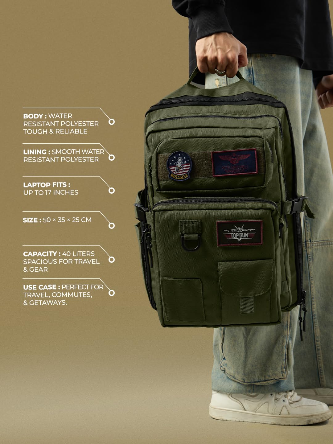 The Souled Store Top Gun Maverick 40 L Convertible Backpack – Green Unisex Utility Daypack with Laptop Sleeve & Travel-Ready Design