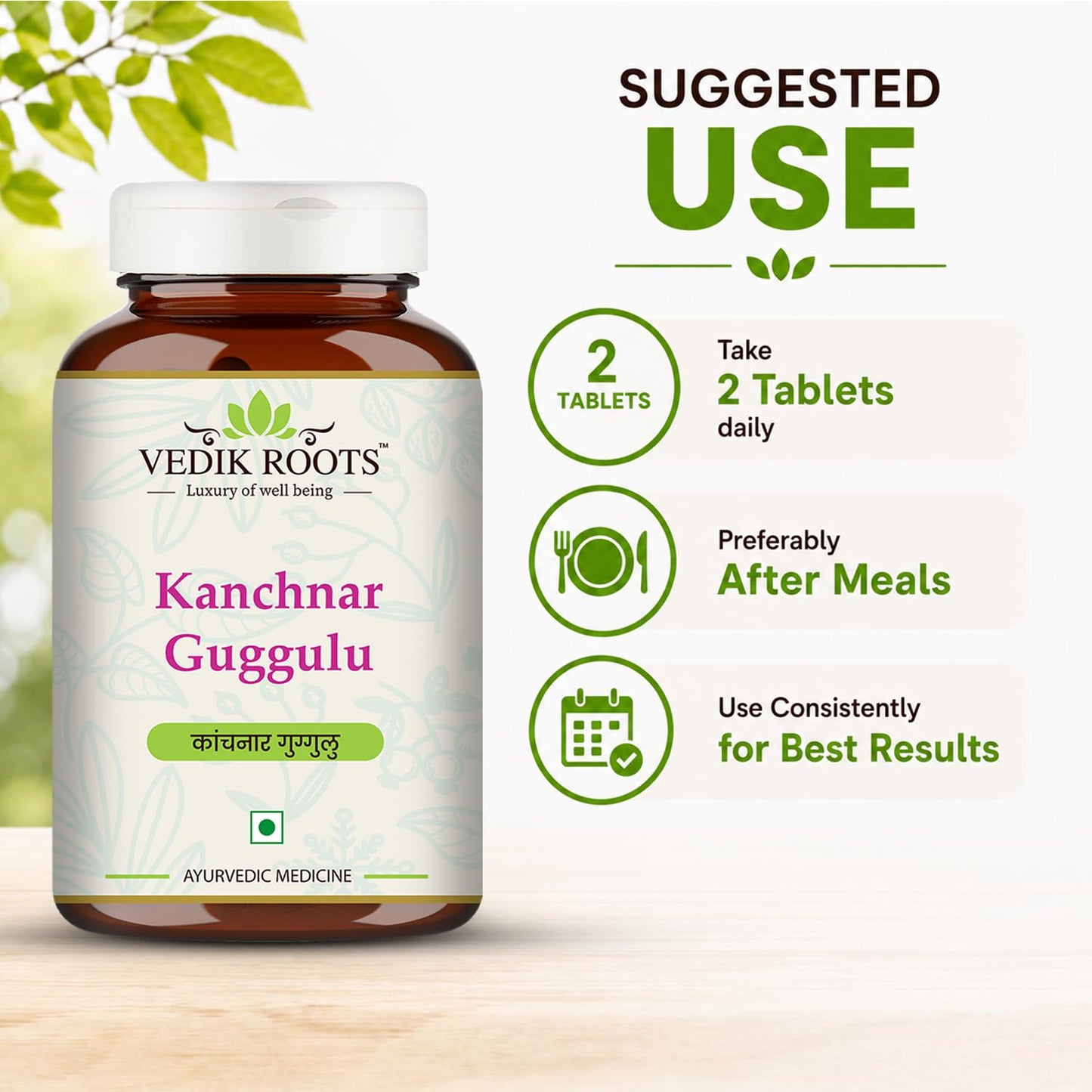 Vedikroots Kanchnar Guggulu - Ayurvedic Supplement For Thyroid | Hormonal Balance For Women | Reduces Joint and Muscles pain | For Swollen Lymph Nodes | 60 Tablets (Pack of 1)