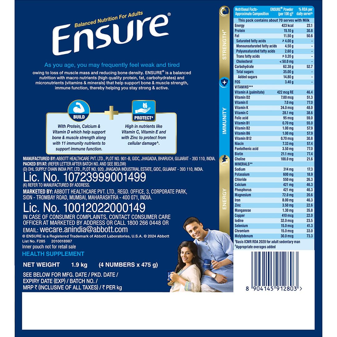 Ensure No 1 Nutritional Supplement Drink in the world 32 nutrients High Protein,Calcium,Vit D, Vanilla 1.9kg