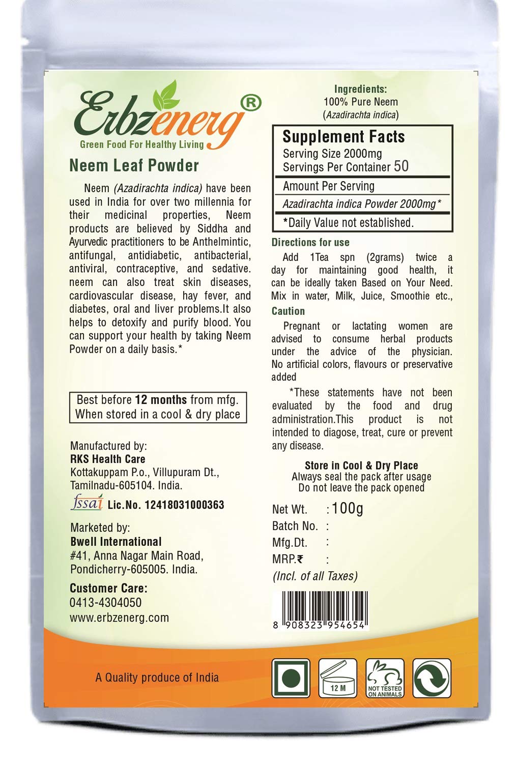 ERBZENERG® 100% Organic NEEM Powder 100g and 60 Capsules