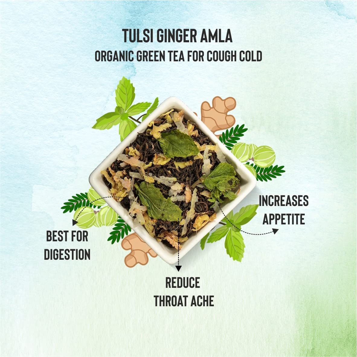 Tifusion Tulsi Ginger Amla Organic Green Tea For Cough Cold Sore Throat Digestion Darjeeling Herbal Organic Whole Leaf Chai Immunity Booster Tea (20 Tea Bag, 20 Serving Cups)