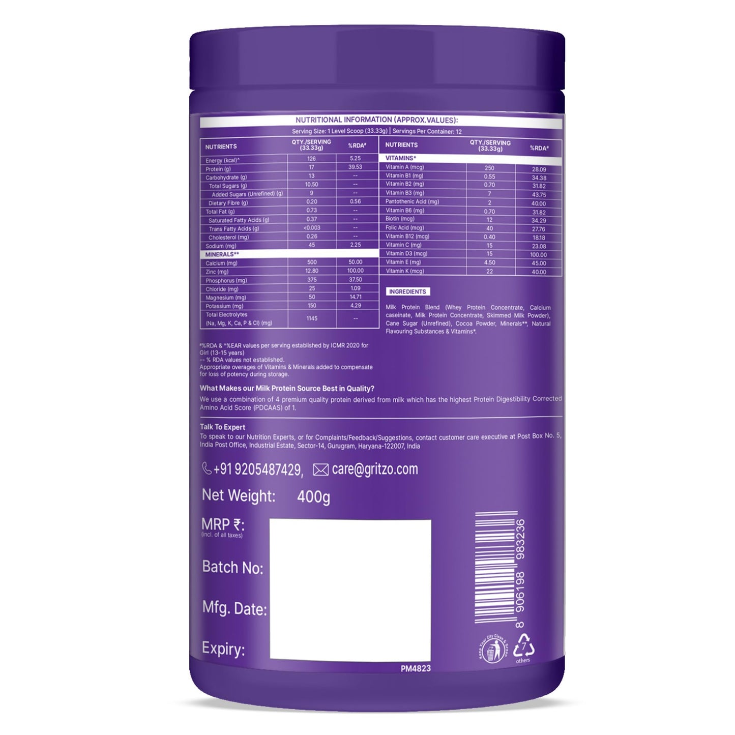 Gritzo SuperMilk Athlete Black Panther (13+y Boy & Girl), 17g Protein Powder (Cafe Mocha, 400g) | No Refined Sugars, 20 Vitamins & Minerals