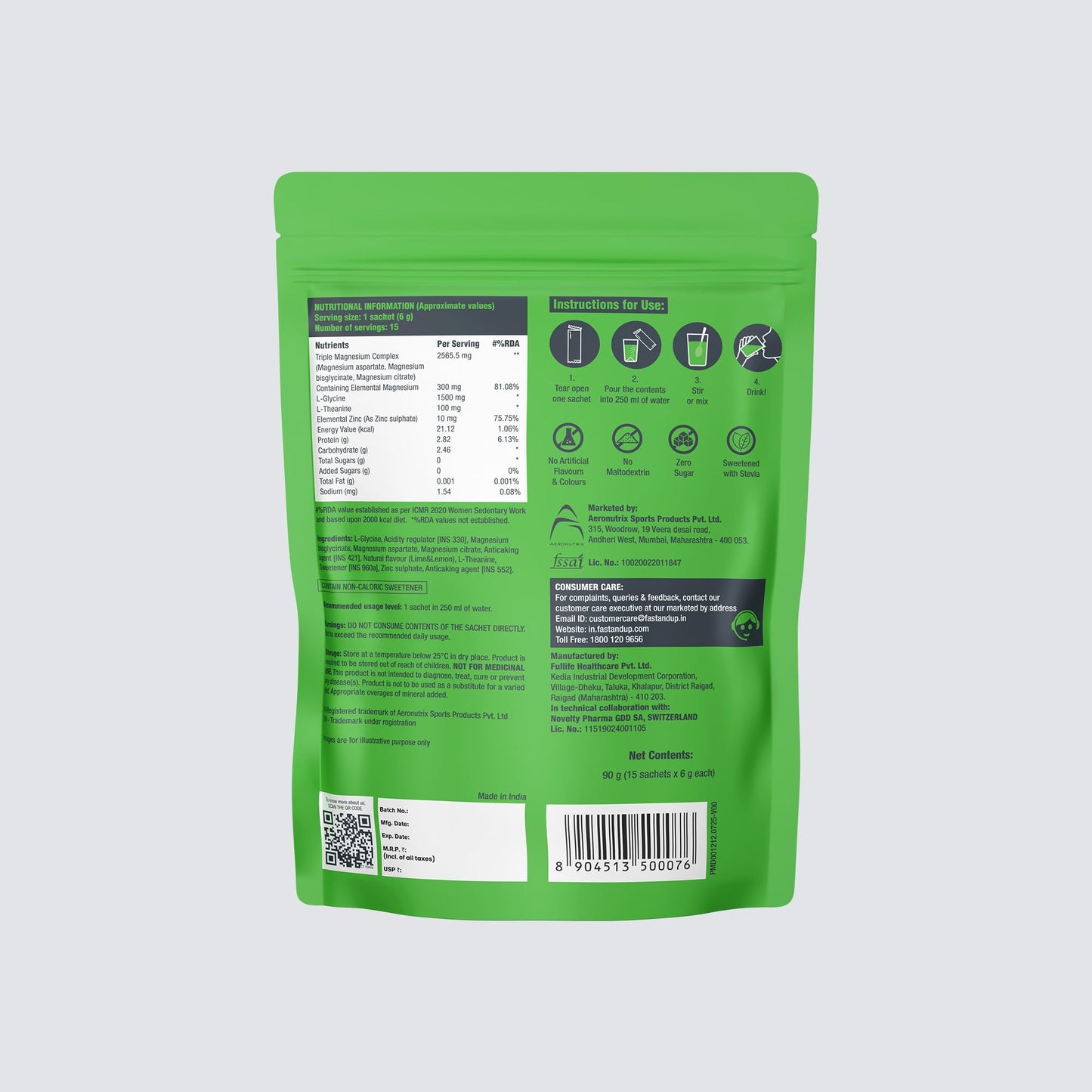 Fast&Up Magnimax - Triple Magnesium Bisglycinate, Citrate, Aspartate | L-Glycine, L-Theanine, Zinc | Power of 6-in-1 | Lime & Lemon Flavour – 15 stick packs in a Pouch