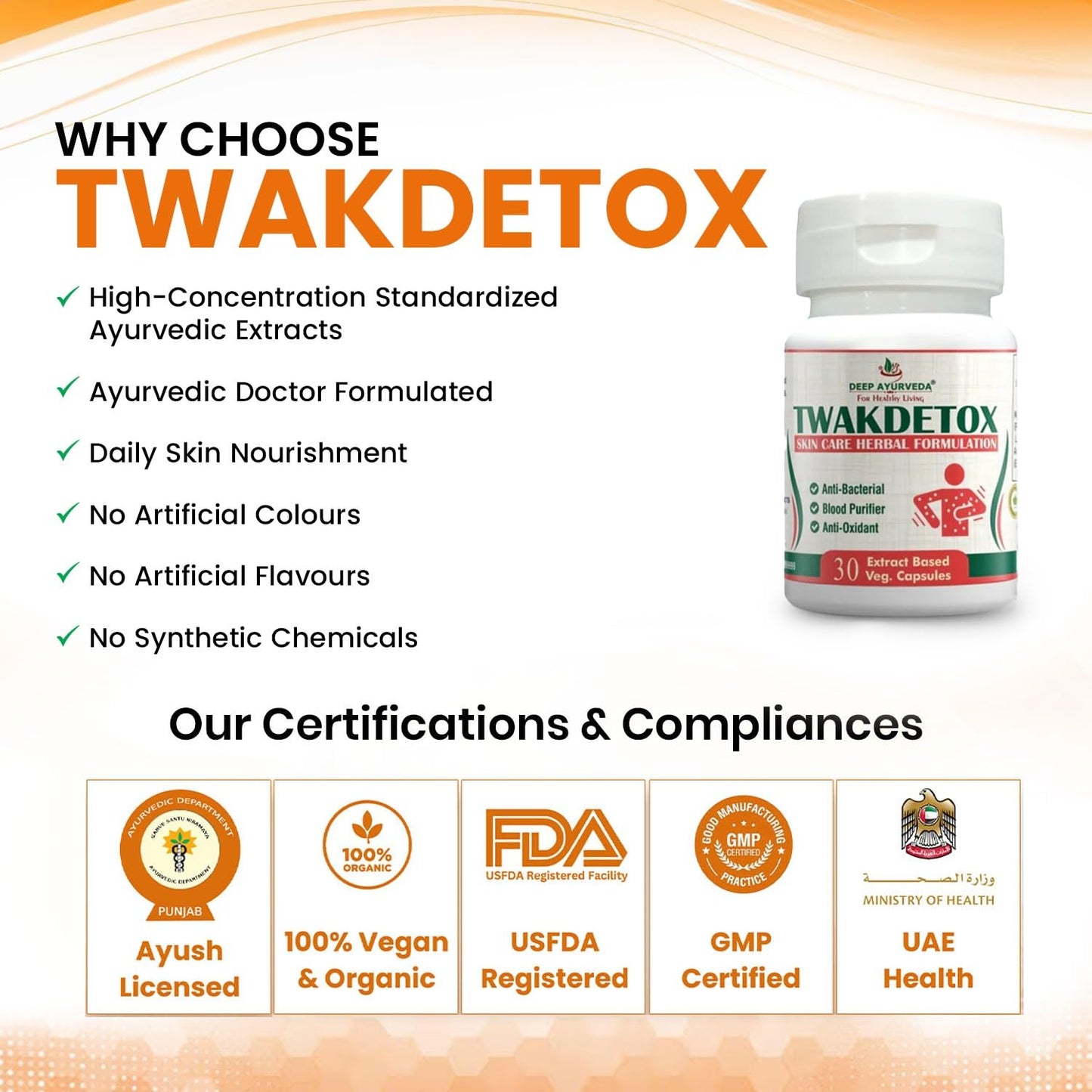 Twakdetox Skin Care Vegan Capsules (60) | Ayurvedic Skin Detox Supplement for Acne, Pimples, Clear & Glowing Skin | Blood Purifier Formula