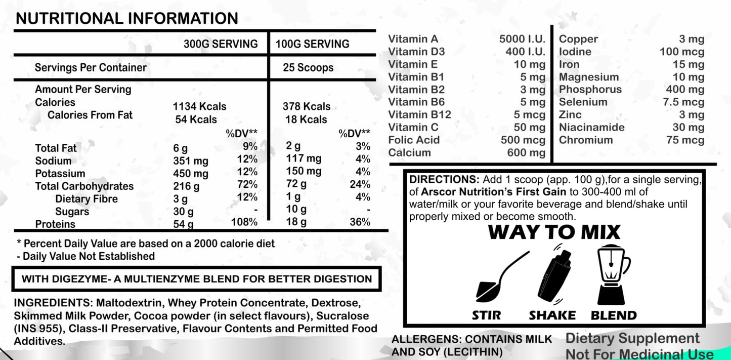Arscor's First Gain Mass Gainer Powder | High-Calorie Weight Gainer with Whey Protein & Complex Carbs | Muscle Mass & Strength Builder | No Added Sugar (2.5 Kg, Mango Vanilla)