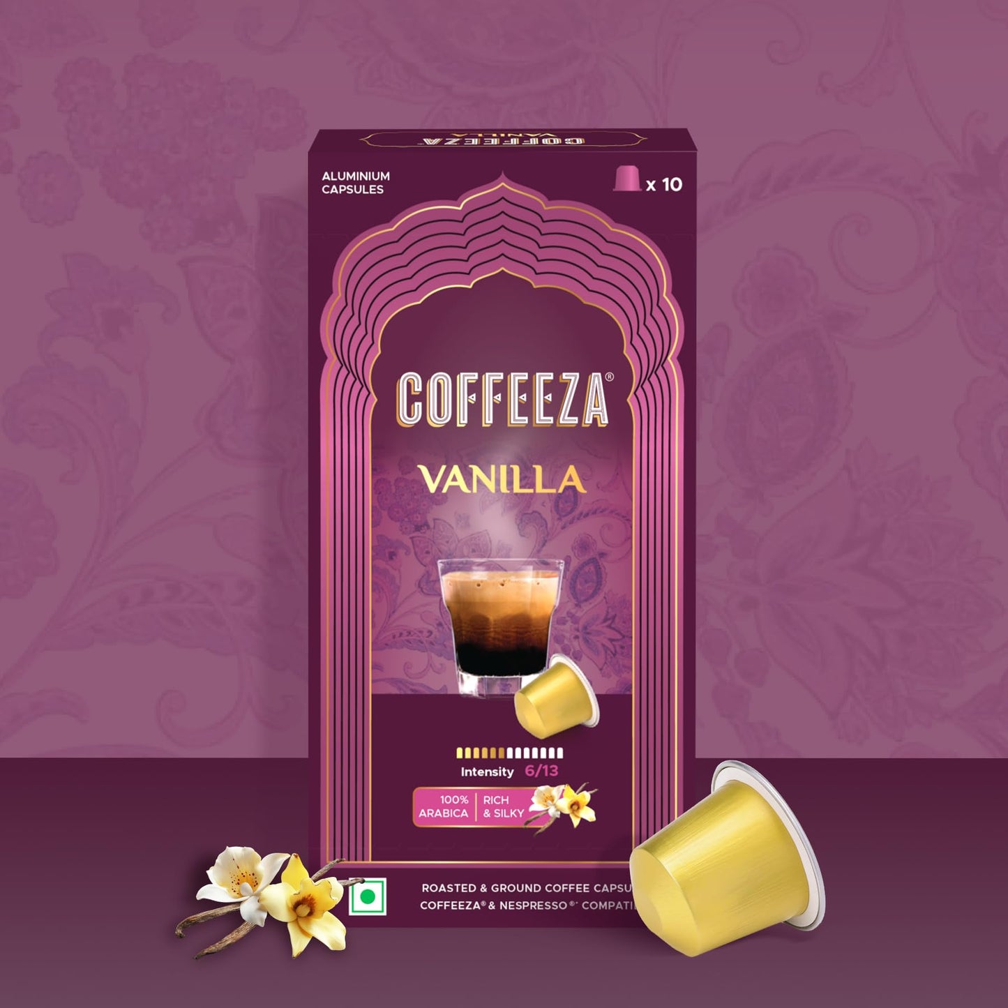 Coffeeza Vanilla Flavoured Coffee Capsules, Intensity - 6 | Aluminium Coffee Pods |100% Arabica | Box of 1 (10 Capsules)