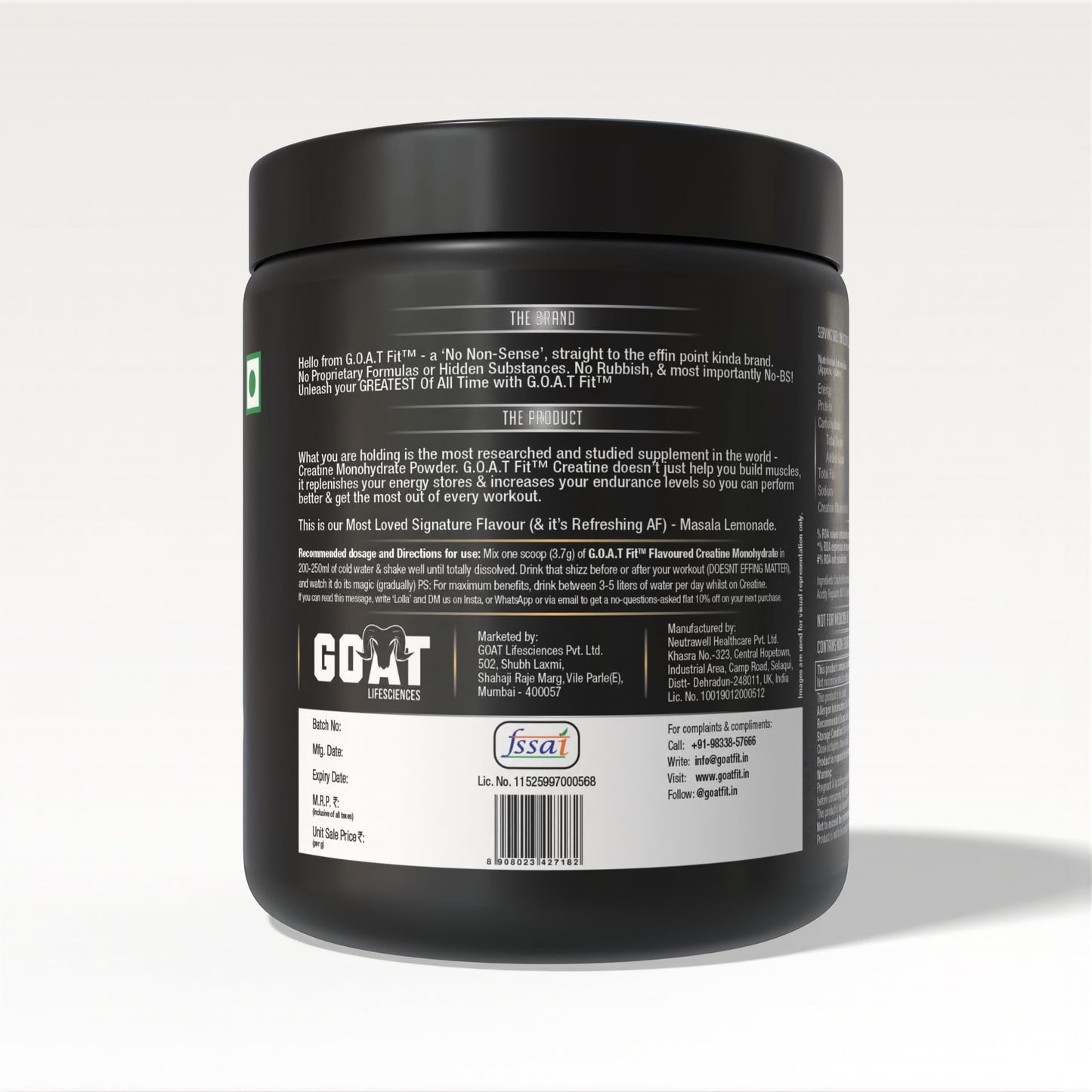 G.O.A.T Fit 100% Pure Micronized Creatine Monohydrate Powder | Superior Absorption, Monstrous Performance | For Improvement in Strength, Power, and Size (280gm - 75 Servings, Masala Lemonade)