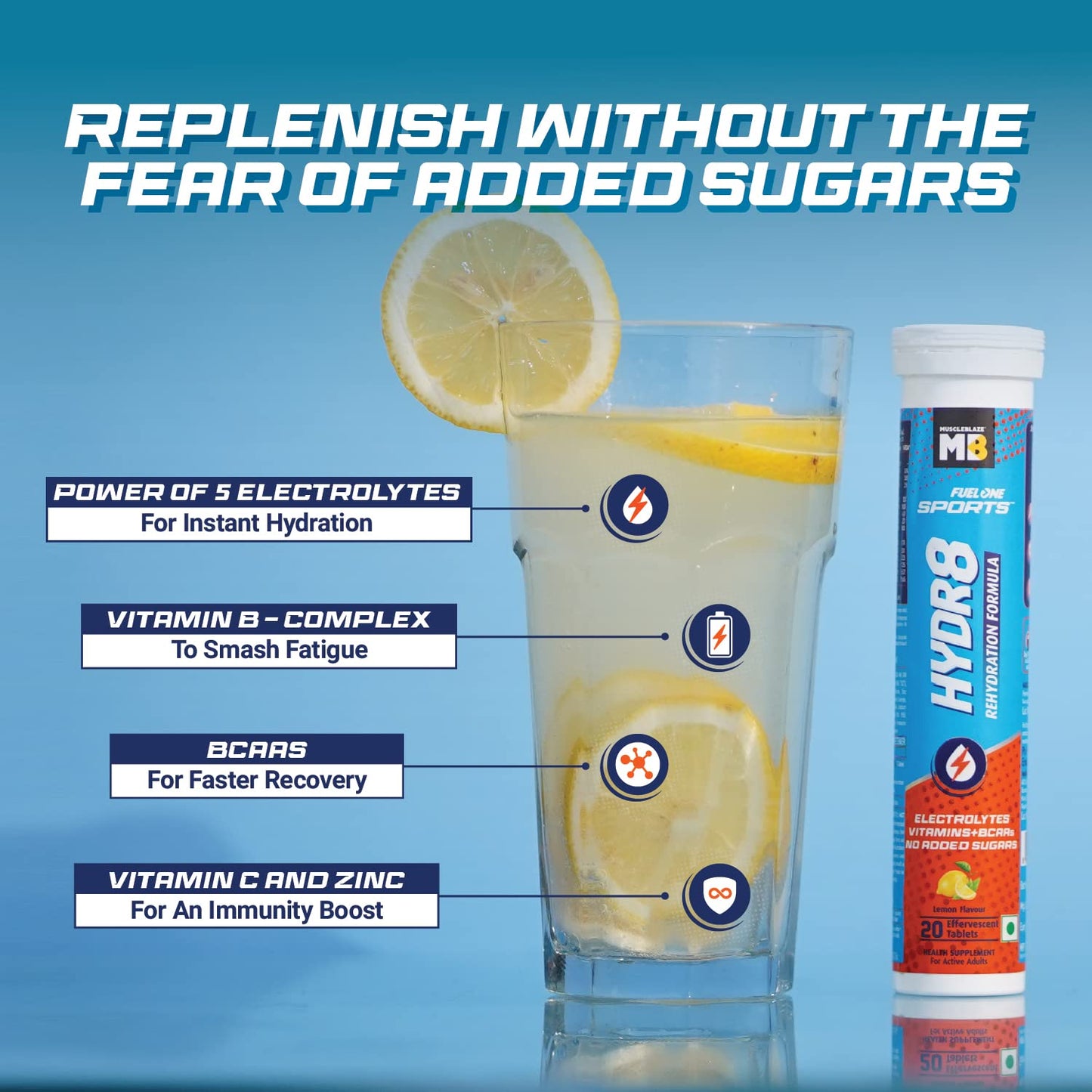 MuscleBlaze Fuel One Sports Hydr8 (Lemon, 20 Effervescent Tablets) | Re- image 9