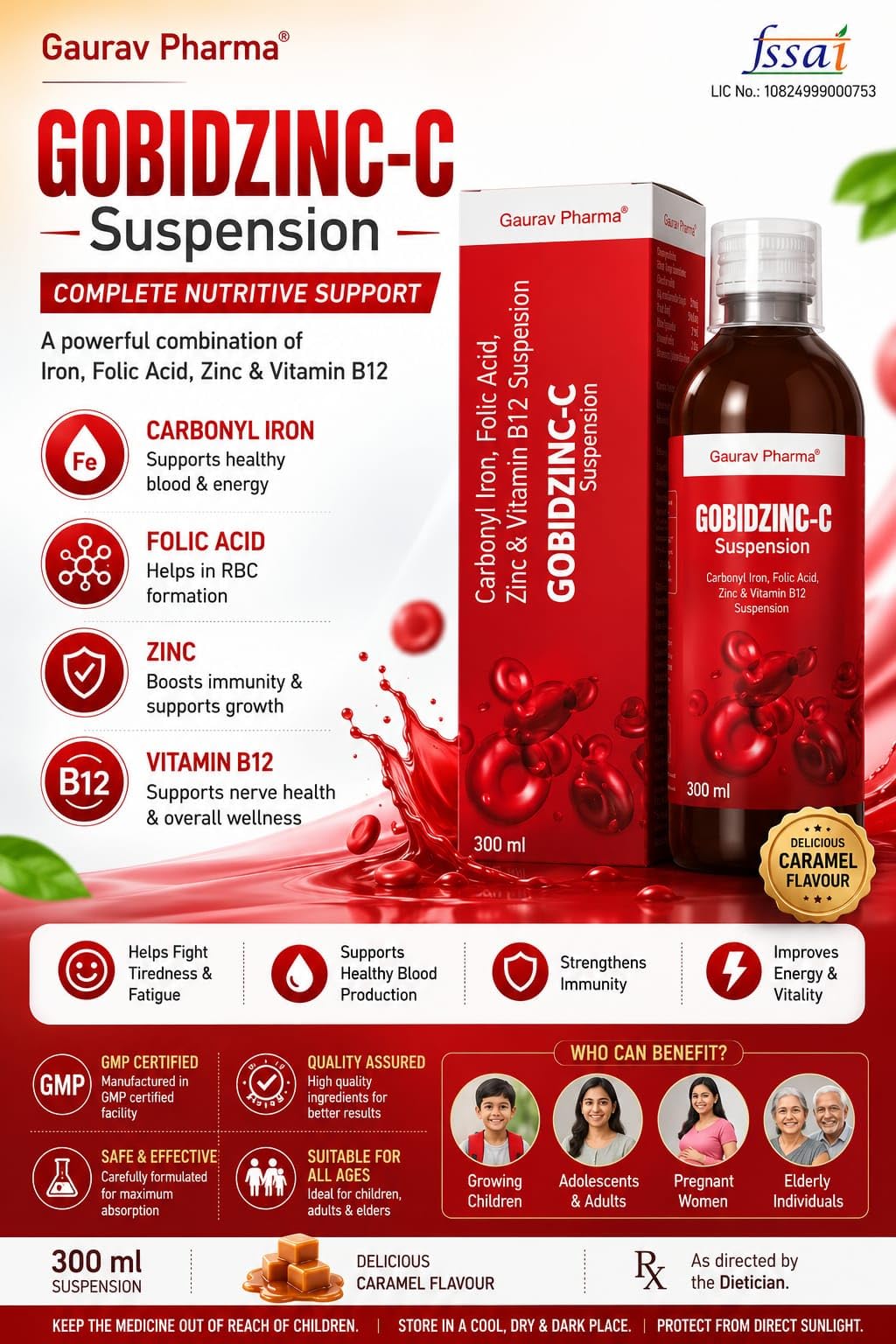 GOBIDZINC-C Suspension from Gaurav Pharma. Carbonyl Iron, Folic Acid, Zinc and Vitamin B12, 300 ml, for Whole Family