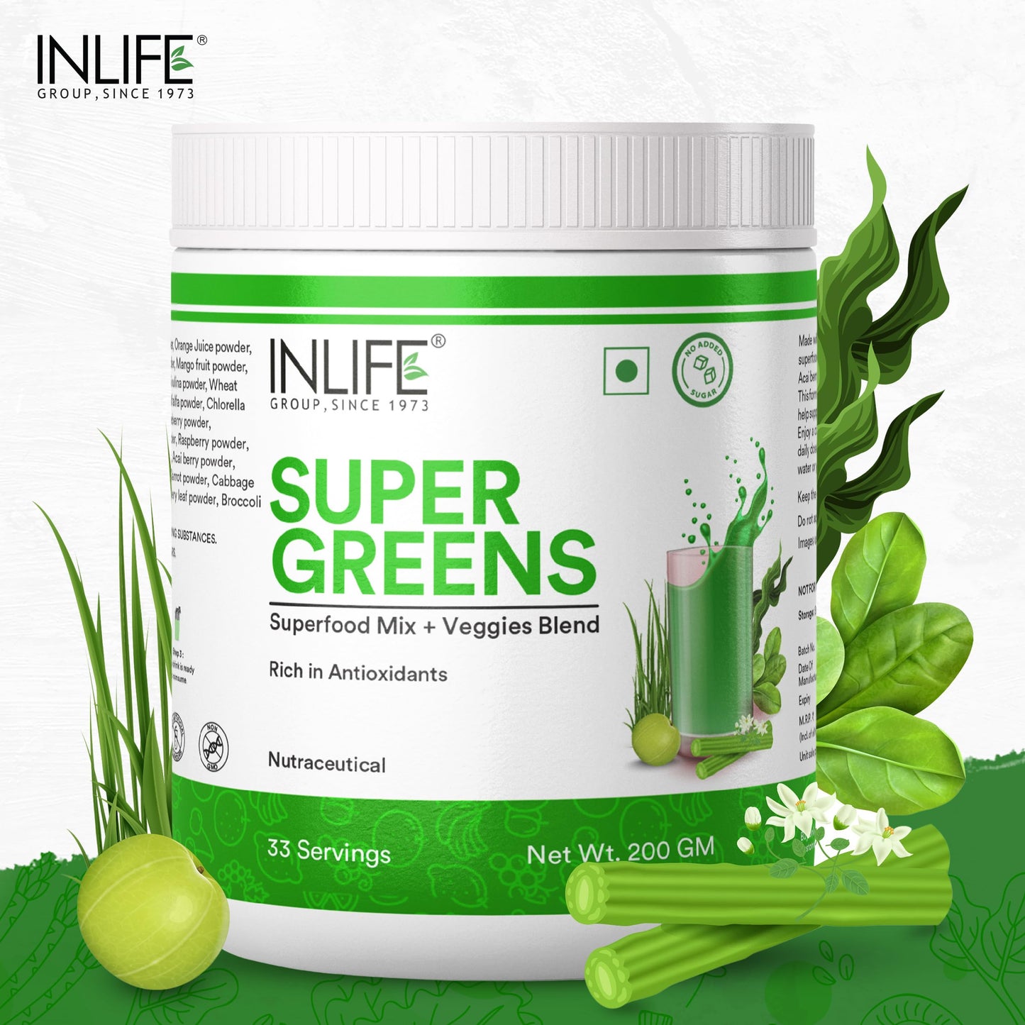 INLIFE Super Greens Powder Supplement | Spirulina, Moringa, Chlorella, Alfalfa, Wheat Grass, Barley Grass Blend | 200g