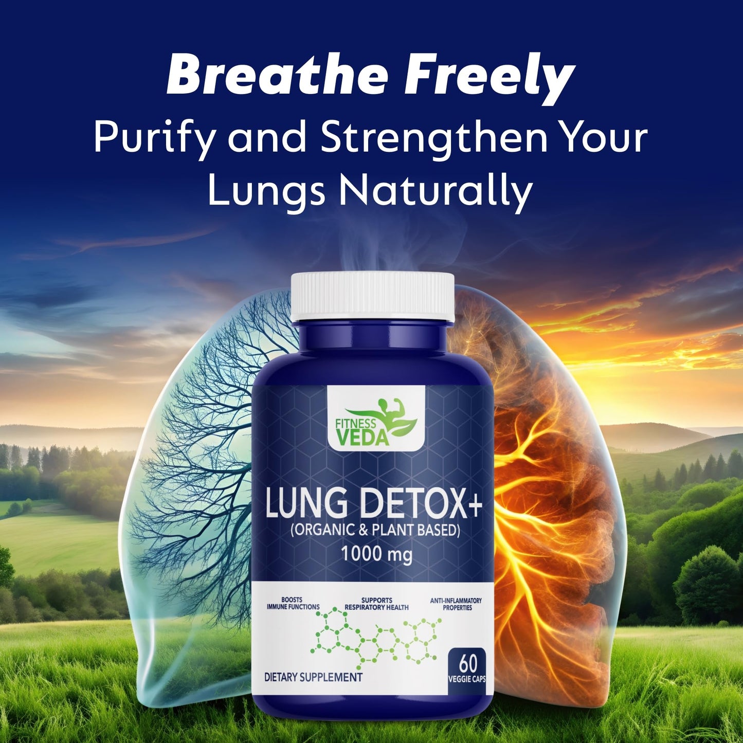 FITNESSVEDA Lung Detox+ Supplement | Respiratory Wellness & Immune Support |Organic & Plant Based | Clears Congestion, Supports Breathing Comfort, Improves Lung Health & Daily Cleanse | Pack of 1 – 60 Capsules