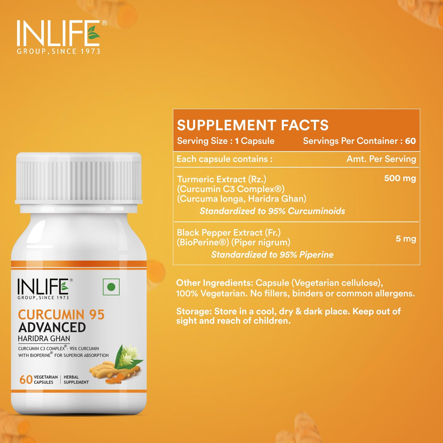 INLIFE Curcumin C3 Complex (95% Curcuminoids) 500 mg Turmeric with BioP- image 8