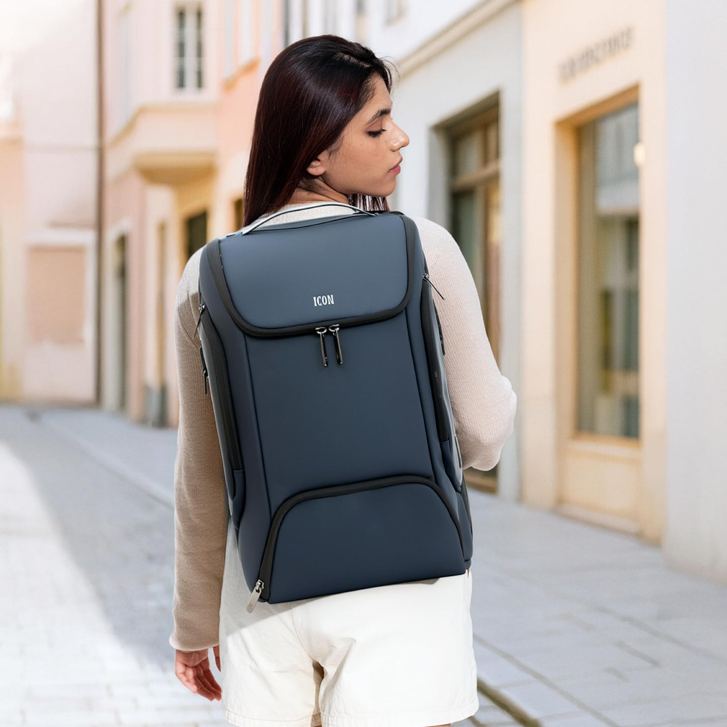 ICON The Iconic Laptop Backpack 30L | Premium Polyester, Fits 15.6" Laptops | USB Charging Port, Luggage Sleeve, Numbered Lock & Hidden Pocket | Water-Resistant, Multipurpose Unisex Laptop Bag - Blue.