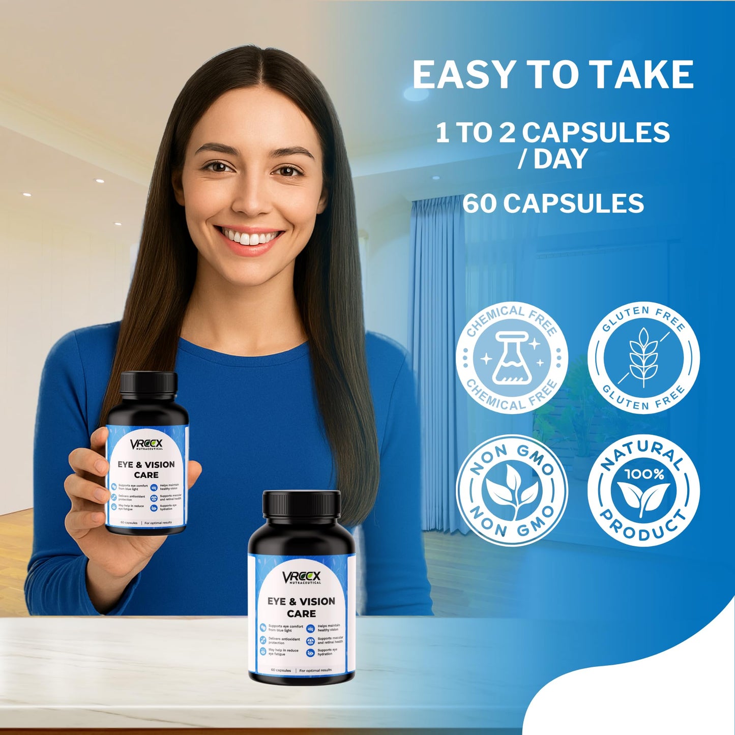 VREEX Eye & Vision Care Capsules with Lutein, Astaxanthin, Zeaxanthin, Bilberry Extract, Vitamin A & C | Supports Eye Health, Vision & Antioxidant Support – (60 Veg Capsules)