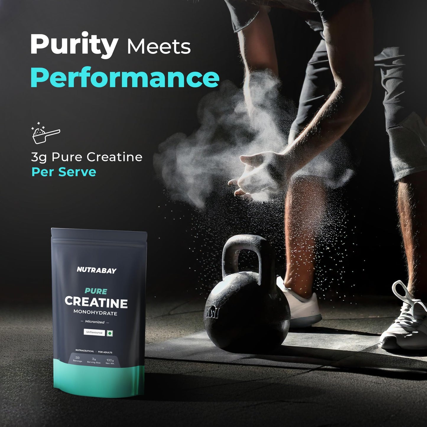 Nutrabay Pure Micronised Creatine Monohydrate Powder 3000 mg/Serving – Pre/Post Workout Supplement for Muscle Gain & Recovery |33 Servings – 100g, Unflavoured | Trustified Certified | 100% Authentic
