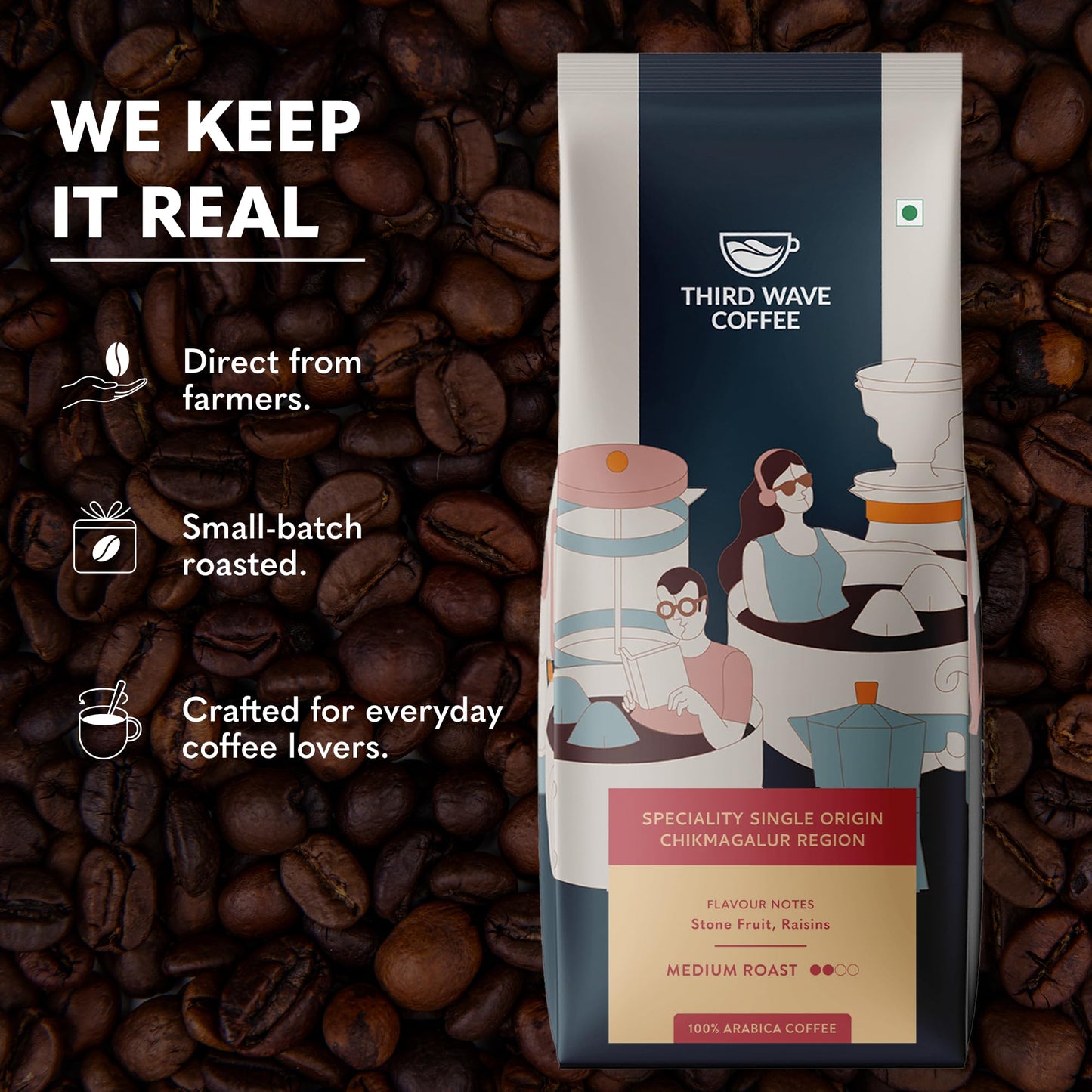 THIRD WAVE COFFEE | Speciality Single Origin Chikmagalur Region | 100% Arabica | Medium Roast | Channi | Coarse Grind | 250 grams | Pouch