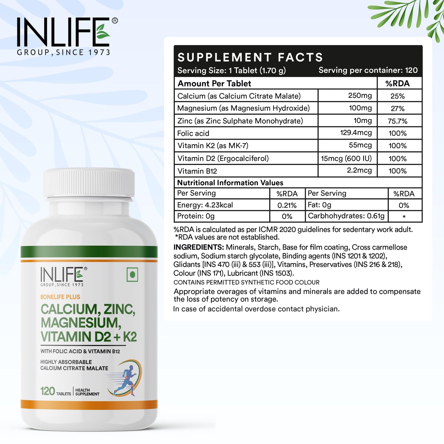 INLIFE Calcium Magnesium Zinc Vitamin D K2 Folic Acid & B12, Bone & Joi- image 8