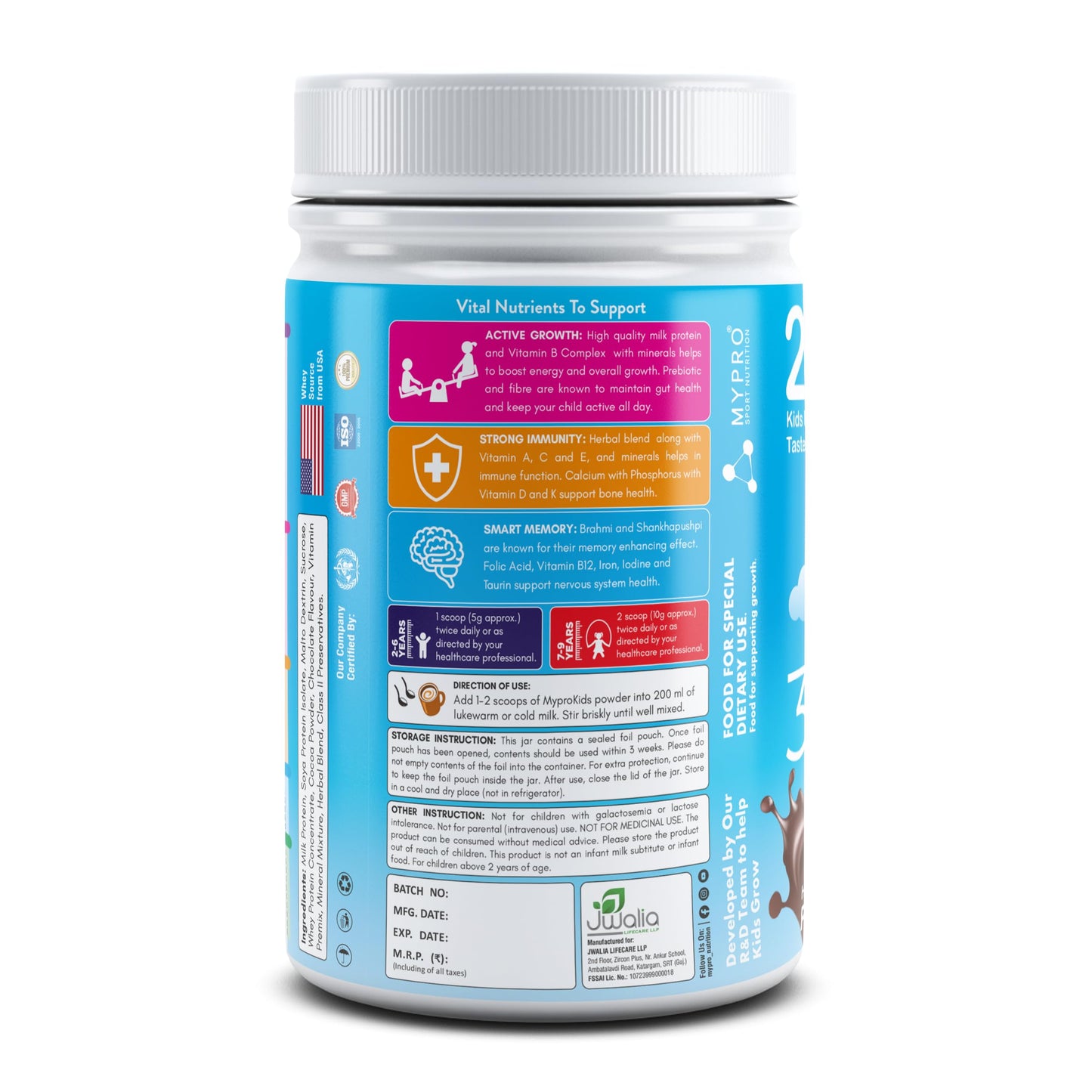 Mypro Sport Nutrition Protein Drink Powder Mypro Kids Grow And Gain (3 Benefits Active+ Strong+Smart For Kids) Drink Supplement Powder for Growing Children- 400 Gm