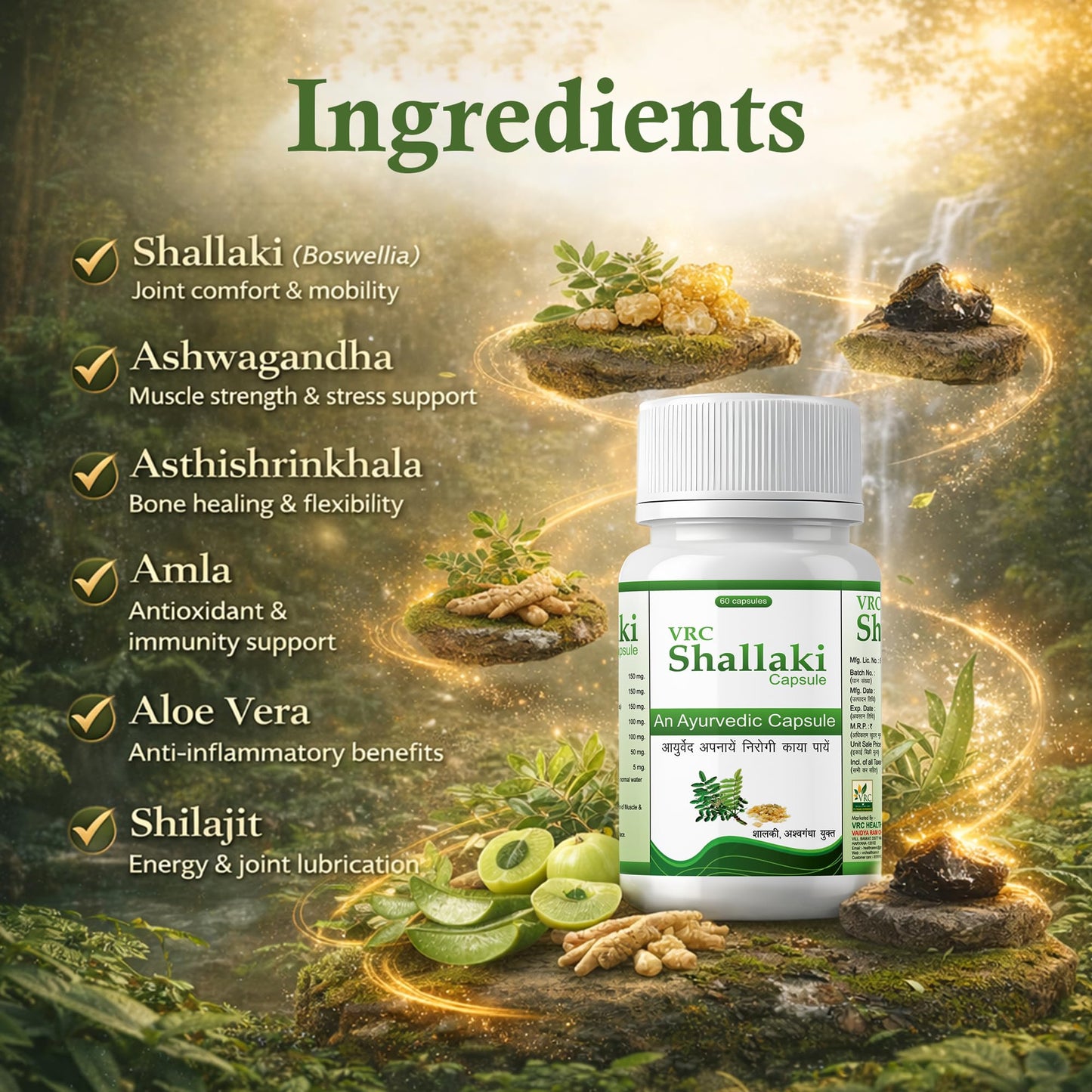 VRC Healthcare Shallaki Capsule | Ayurvedic Supplement for Knee, Back, Joint, Shoulder, Muscle Pain & Swelling | Reduces Pain, Stiffness, Swelling & Enhances Bone Strength | 60 Capsules