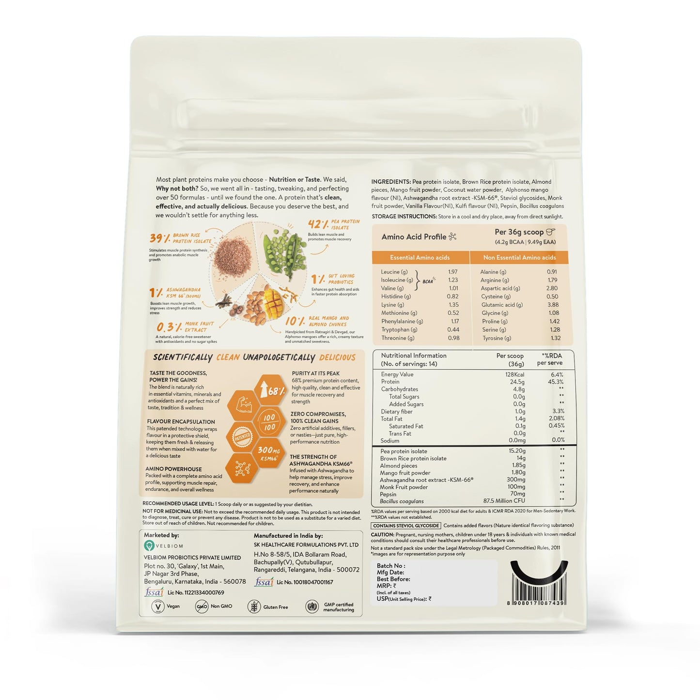 Happy Cultures 24g Tastiest Plant Protein| Real Alphonso Mango, Almond Chunks & Ashwagandha (KSM 66) |Pea & Brown Rice Protein Isolate| No Added Sugar| Vegan| 20 Complete Amino Acids | Monk Fruit Extract| Women & Men| No Bloating, Easy to Digest| Dairy Fr