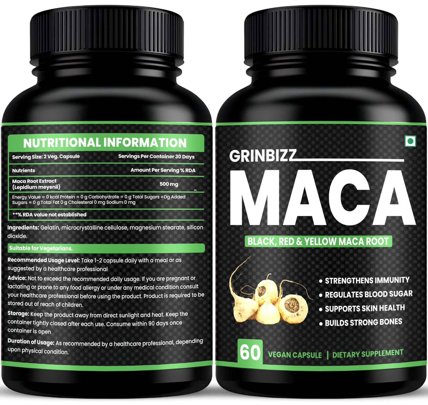 Grinbizz Maca Root Capsules | Black, Red & Yellow Maca Extract | Supports Energy, Stamina, Hormonal Balance & Immunity | Herbal Natural Supplement | 60 Vegan Capsules