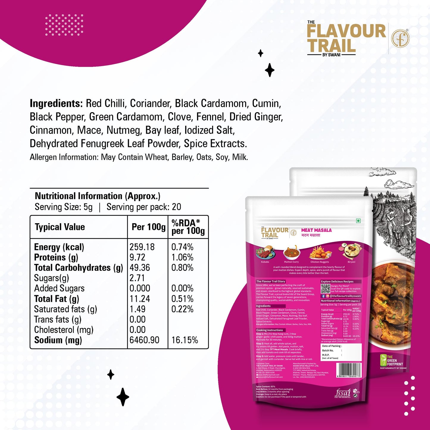 The Flavour Trail Pure & Natural Meat Masala |Bold & Fragrant Spice Mix for Curries, Gravies & Kebabs | No Nasties, Just Pure Flavours! 100g