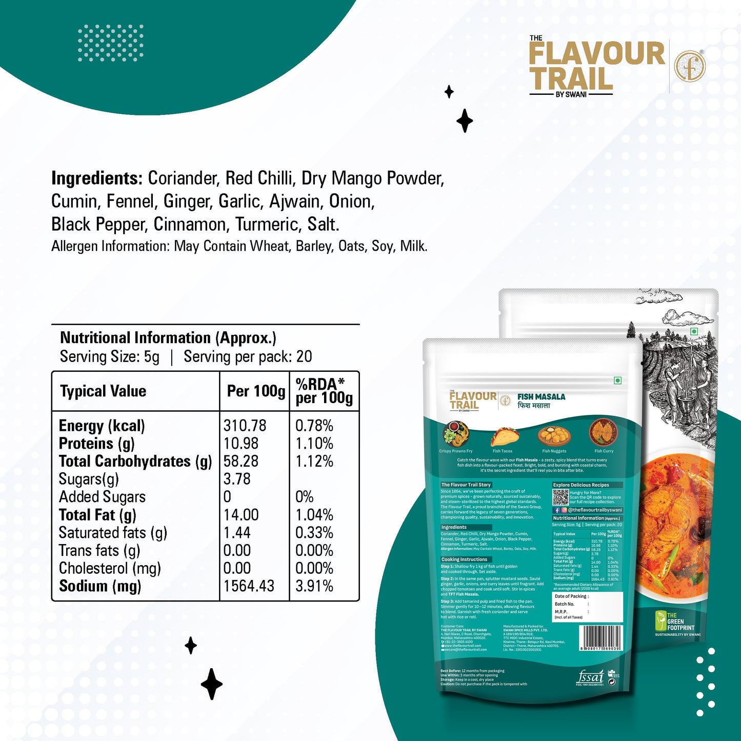 The Flavour Trail Pure & Natural Fish Masala | Perfect for Kerala, Malvani, Bengali & Tandoori Fish Dishes | Prawns Masala | Spicy & Tangy Masala for Seafood Lovers | Perfect for Fried Fish, Tandoori, & Gravy | 100g