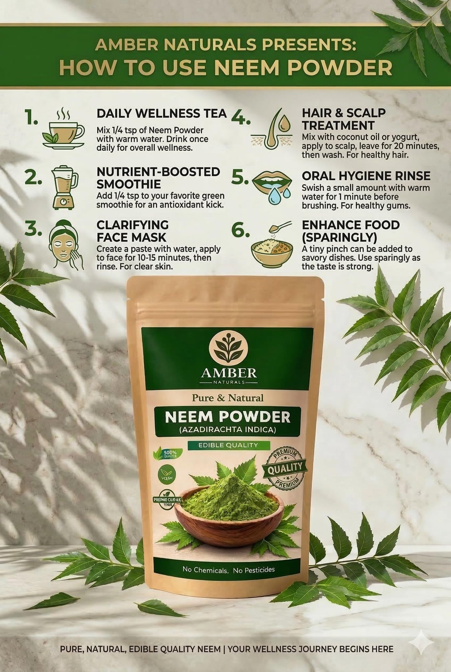 AMBER NATURALS Neem Powder, 100% Pure & Natural, for Skin, Hair and Health Care, 200g