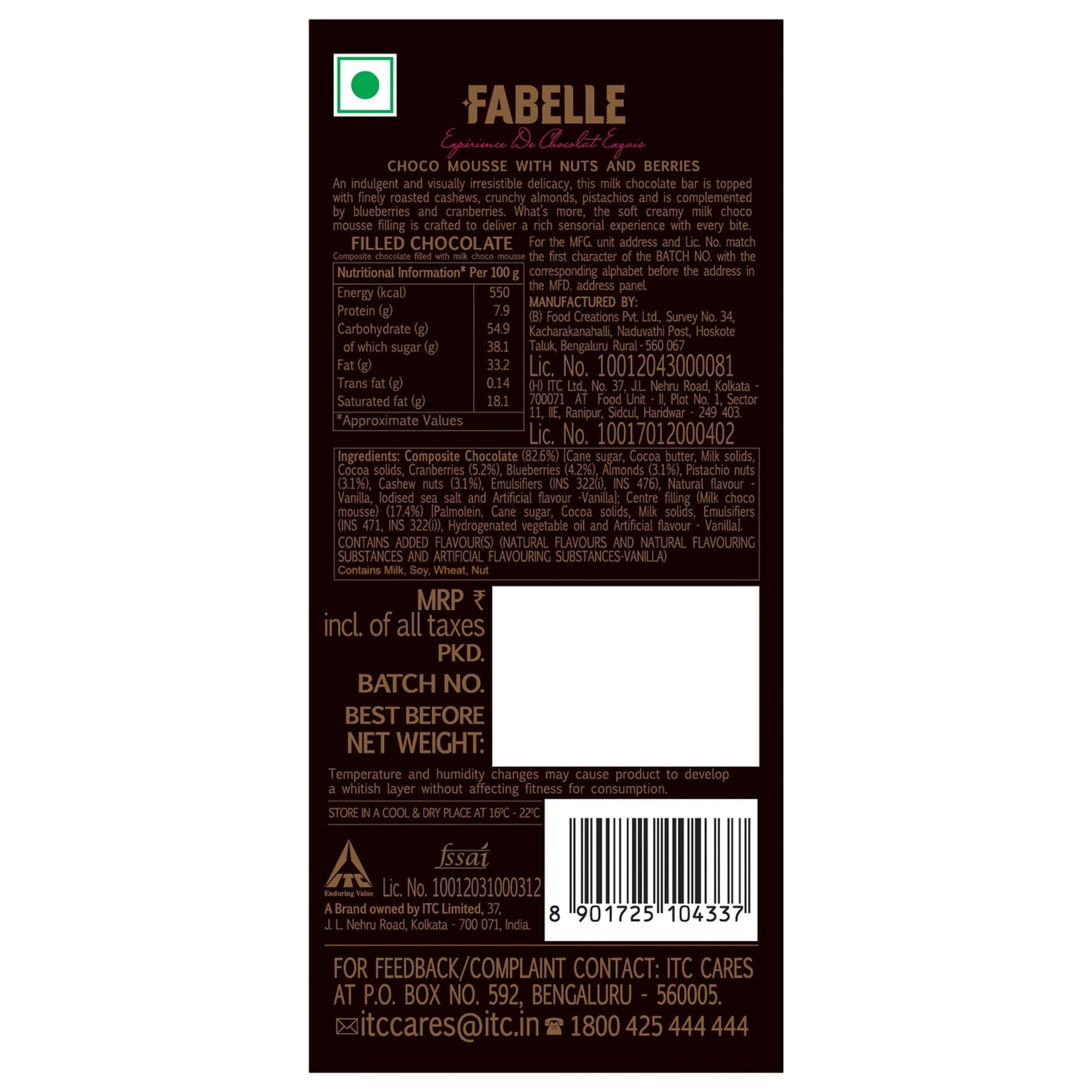 Fabelle Open Secret - Milk, Centre- Filled Luxury Chocolate Bar Topped with Visible Nuts & Berries, 121g