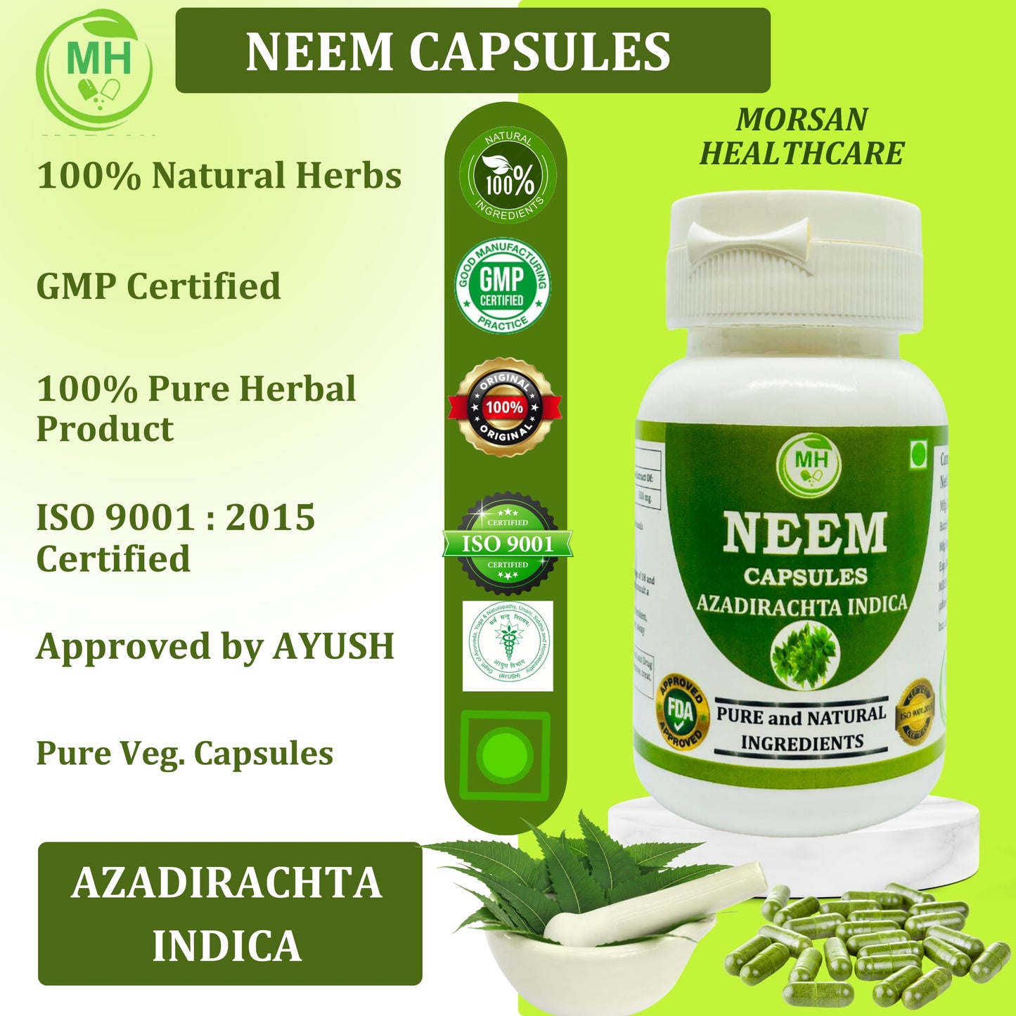 Morsan's Neem (Azadirachta indica) Capsules | Pack of 60 x 500 mg Veg. Capsules