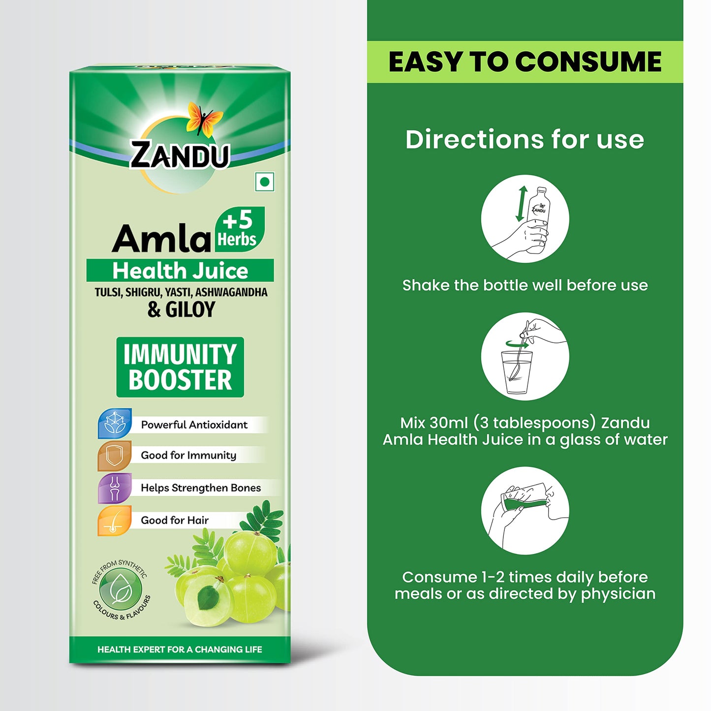 Zandu Amla + 5 Herbs Health Juice | Ayurvedic Immunity Booster | Powerful Antioxidant | Good for Bones and Hair |No Added Sugar (1000ml)