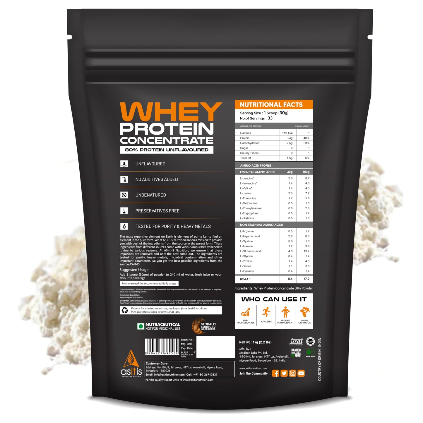 AS-IT-IS Nutrition Whey Protein Concentrate 80% - 1kg | Unflavoured | t- image 7