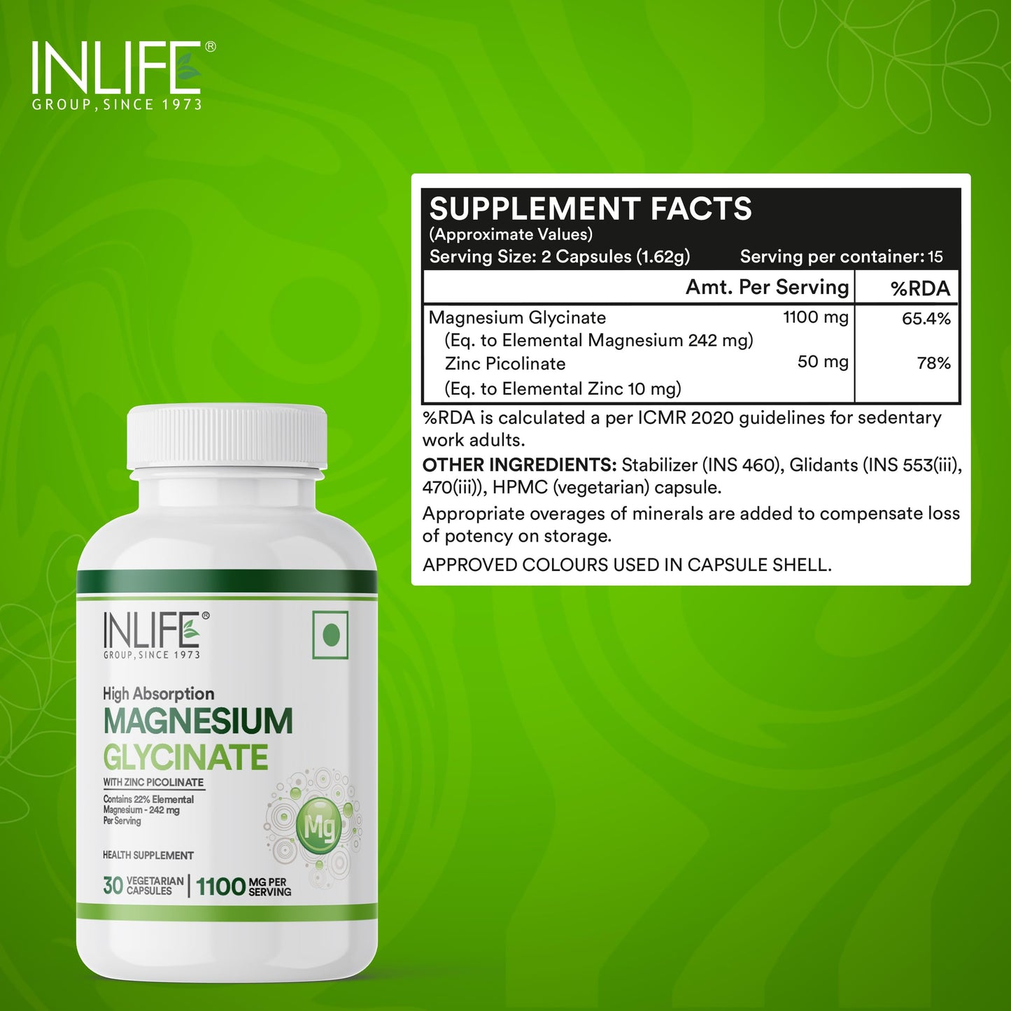 INLIFE Magnesium Glycinate Supplement 1100mg (Elemental Magnesium 242mg) with Zinc 10mg (as Zinc Picolinate) Per Serving, Relaxation & Healthy Muscle Function - 30 Capsules (Pack of 1, 30, count)
