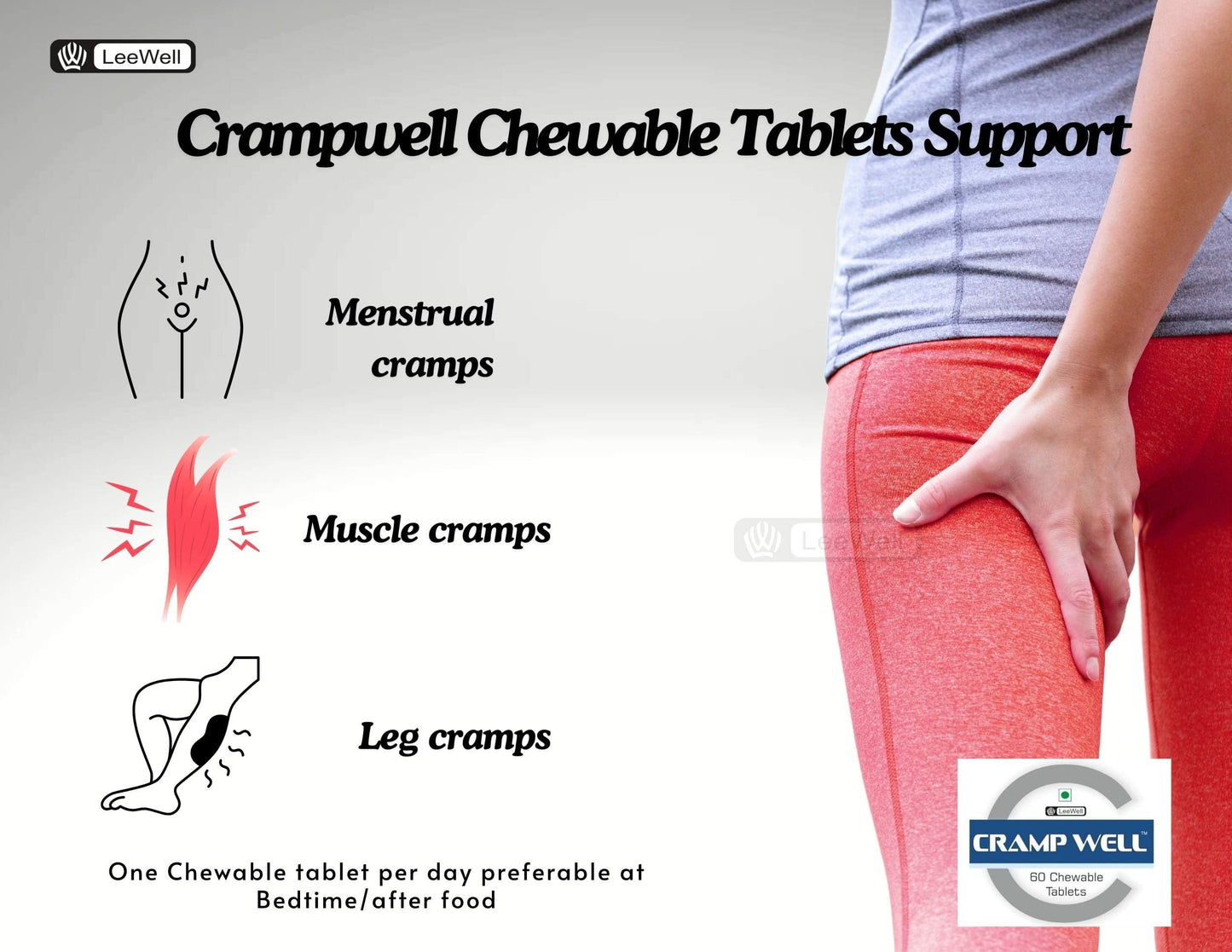 Crampwell Chewable Magnesium Supplement | Magnesium Bisglycinate with Vitamin B6 (Pyridoxine) | Helps Leg Cramp Relief, Sleep Quality & Muscle Recovery for Men & Women - 60 tablets (Sugar-free)